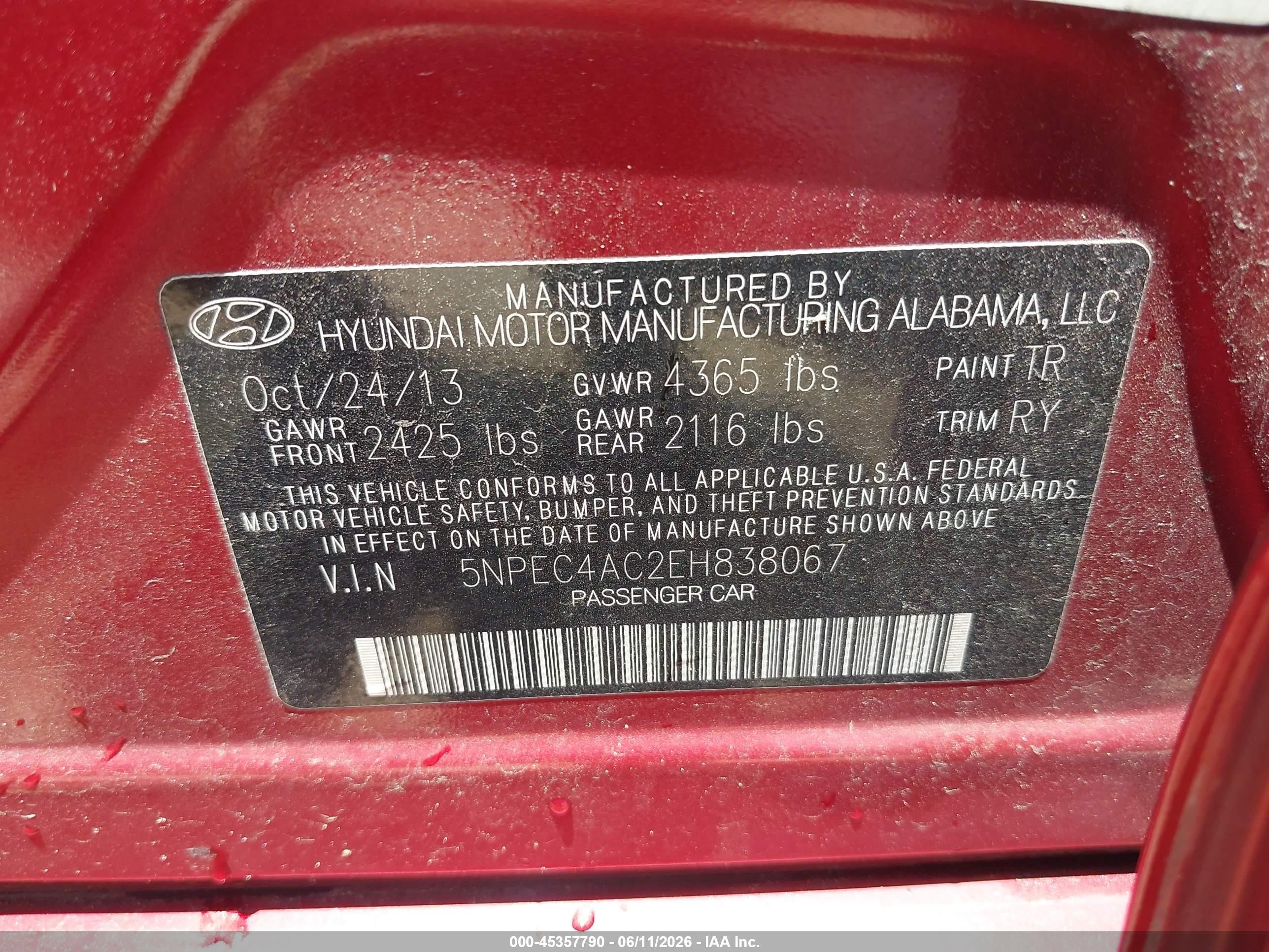 2014 Hyundai Sonata Se Burgundy vin: 5NPEC4AC2EH838067