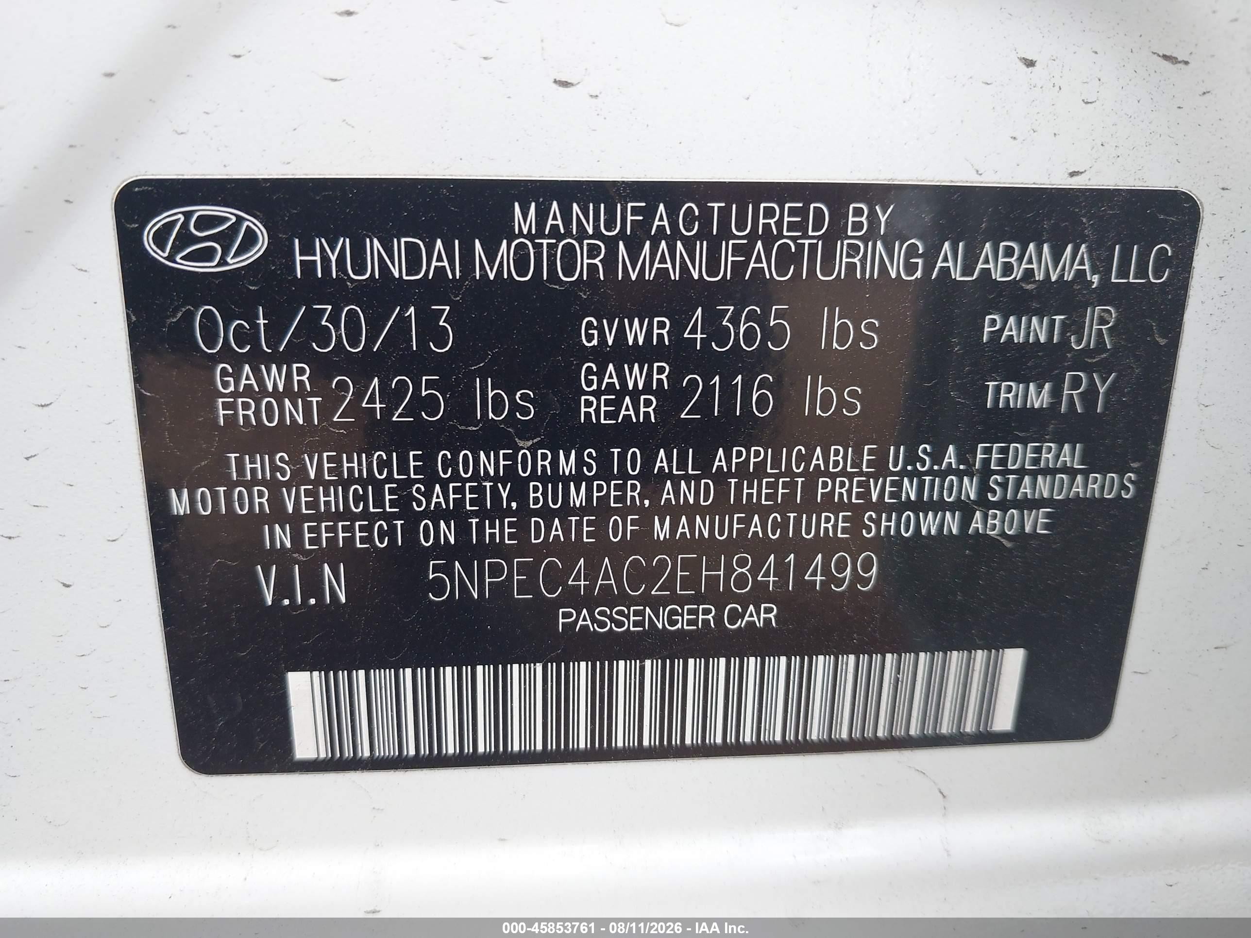 2014 Hyundai Sonata Se White vin: 5NPEC4AC2EH841499