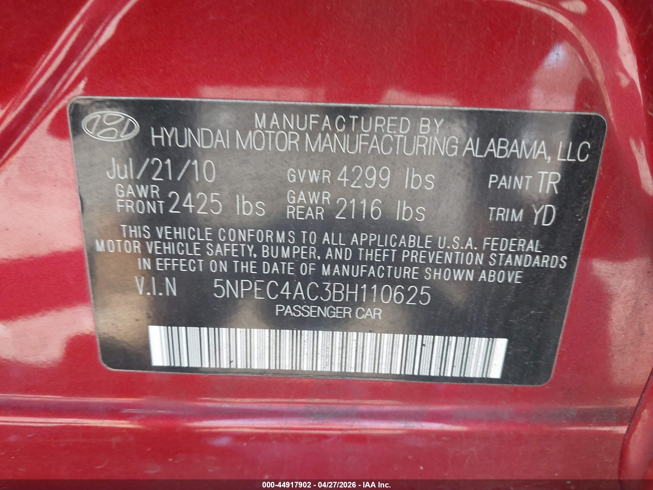 2011 Hyundai Sonata Limited Red vin: 5NPEC4AC3BH110625