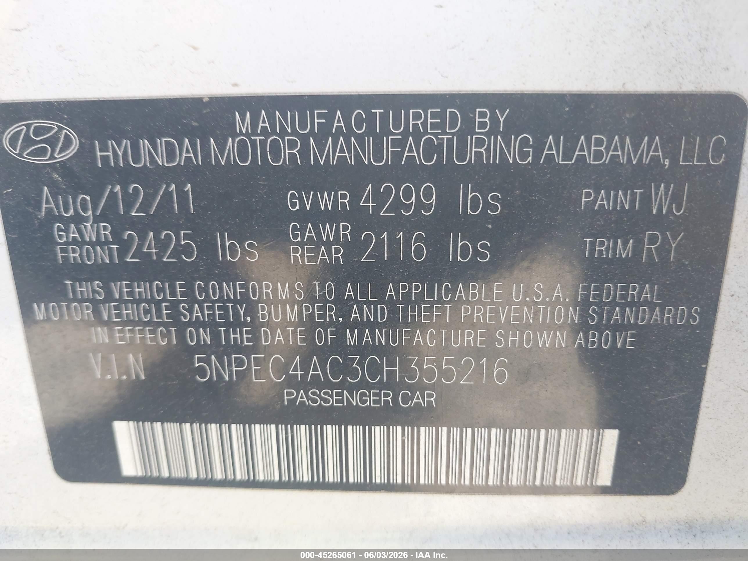 2012 Hyundai Sonata Se White vin: 5NPEC4AC3CH355216