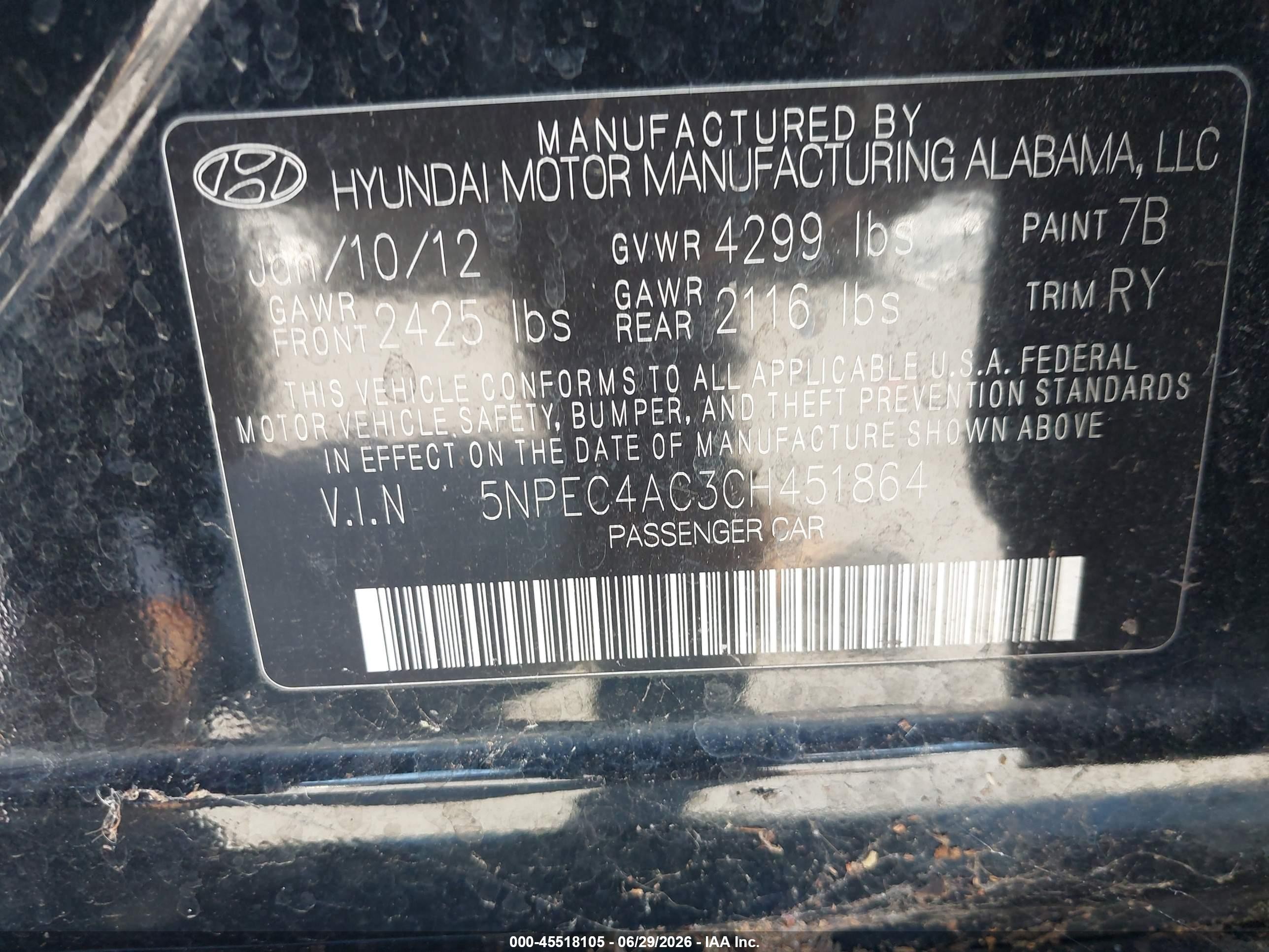 2012 Hyundai Sonata Limited Black vin: 5NPEC4AC3CH451864