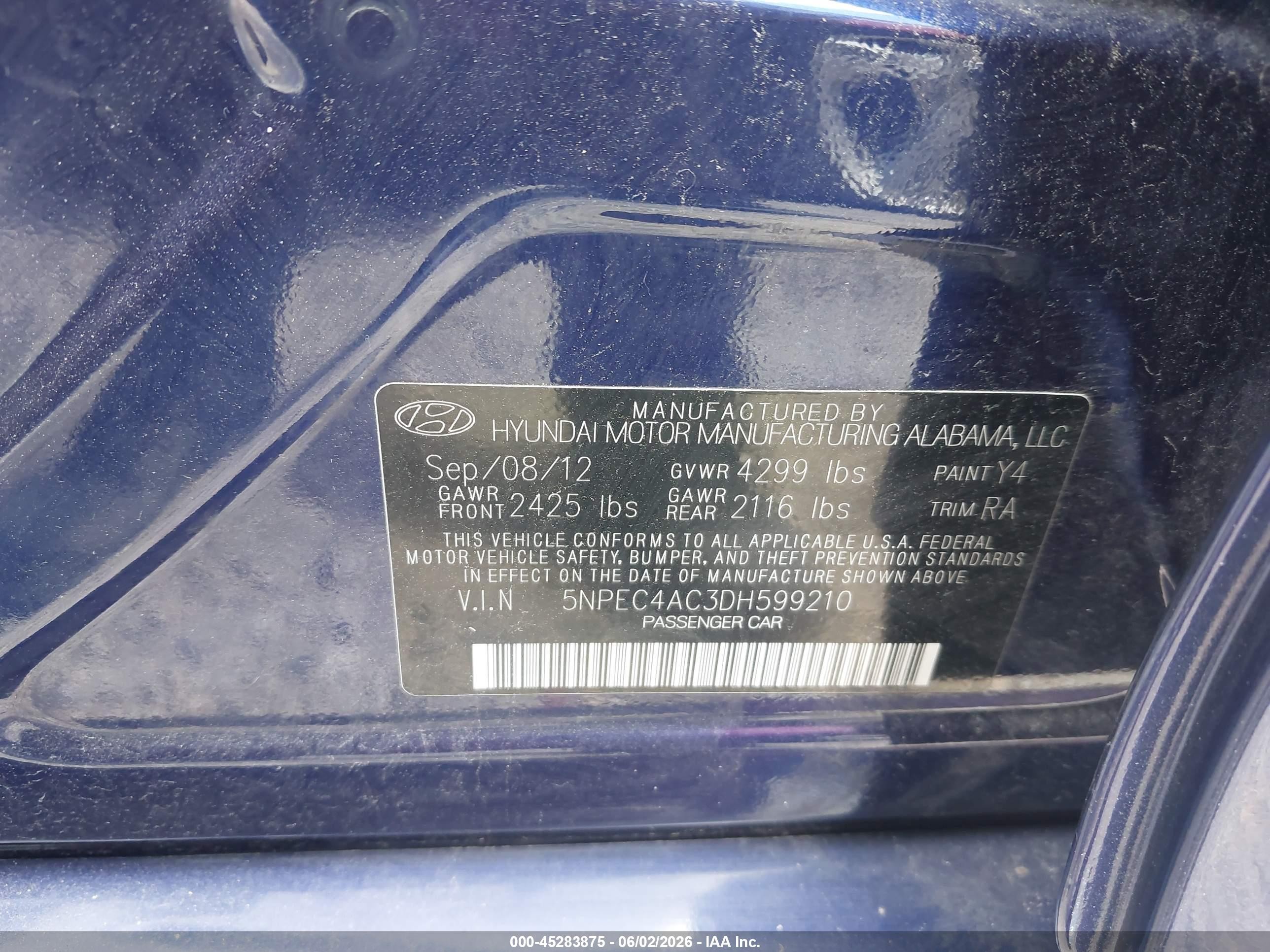 2013 Hyundai Sonata Se Blue vin: 5NPEC4AC3DH599210