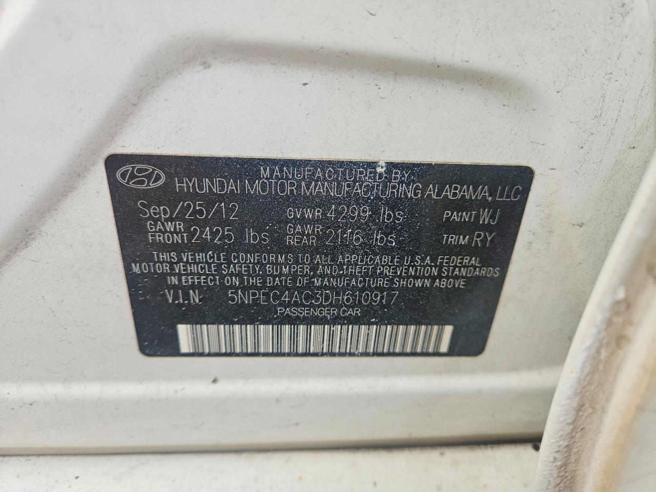 2013 Hyundai Sonata Se White vin: 5NPEC4AC3DH610917