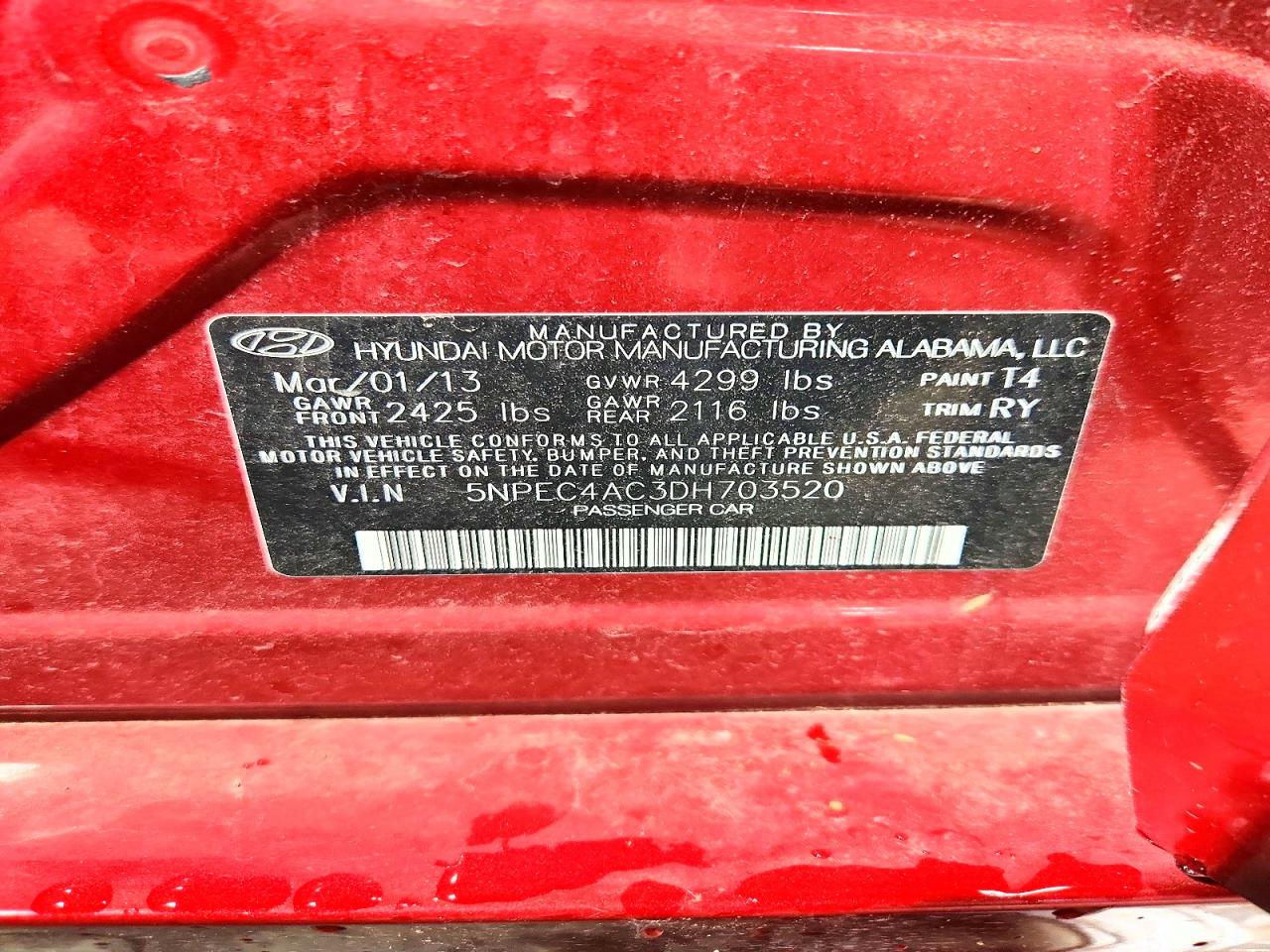 2013 Hyundai Sonata Se Burgundy vin: 5NPEC4AC3DH703520