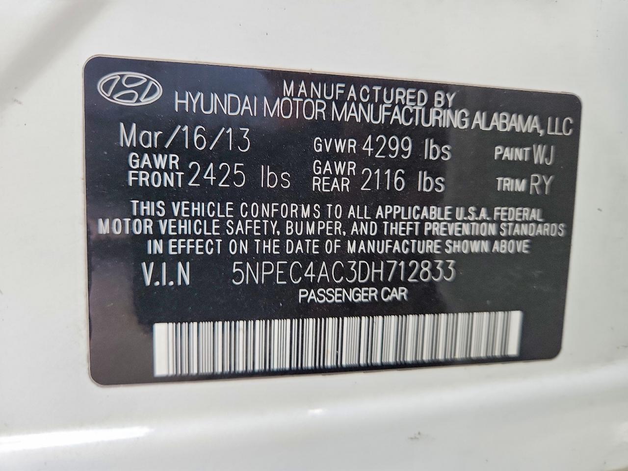 2013 Hyundai Sonata Se White vin: 5NPEC4AC3DH712833