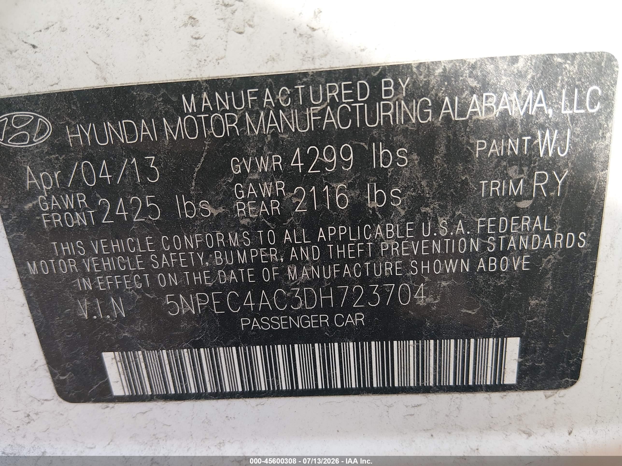 2013 Hyundai Sonata Se White vin: 5NPEC4AC3DH723704