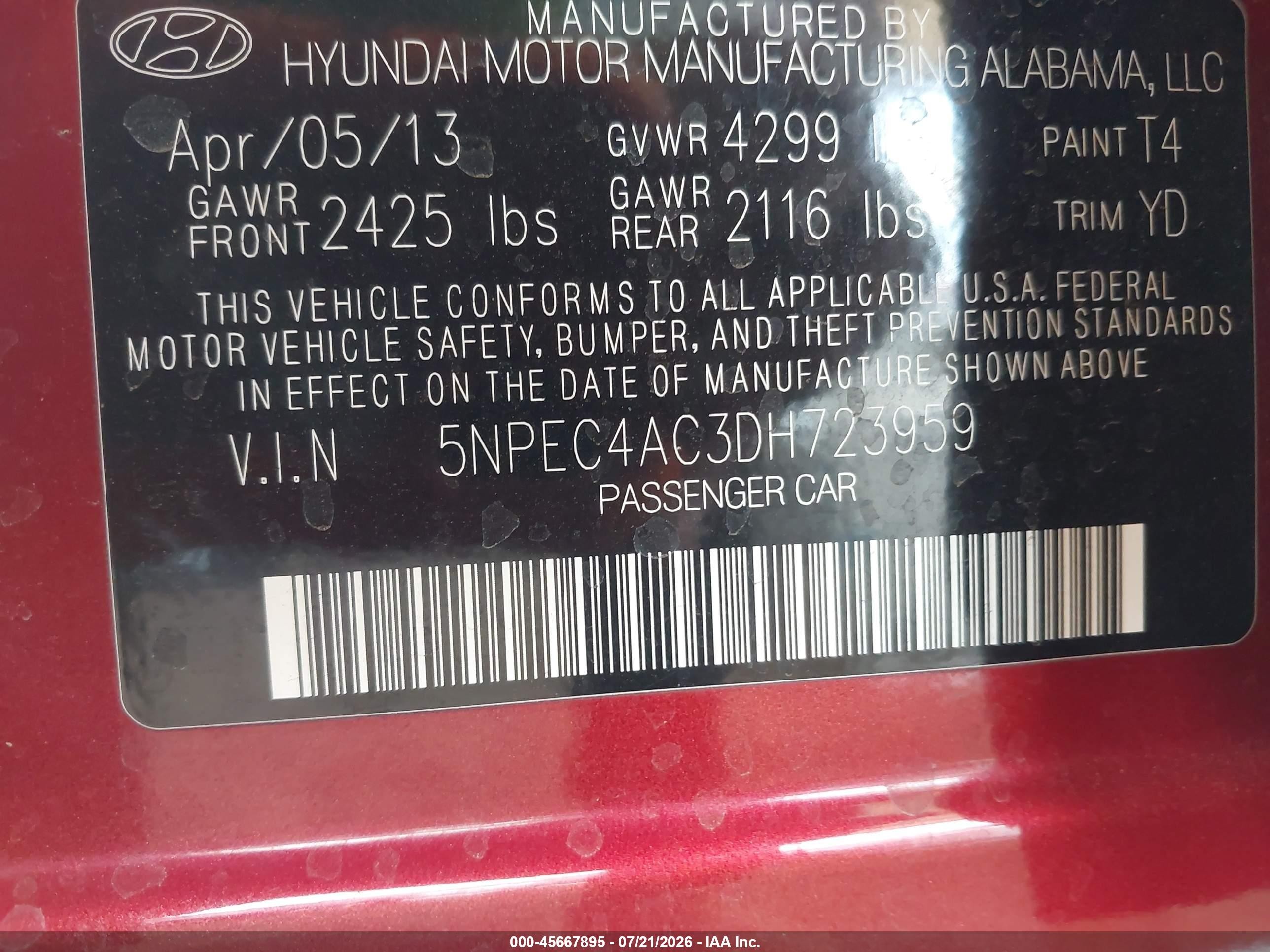 2013 Hyundai Sonata Limited Red vin: 5NPEC4AC3DH723959