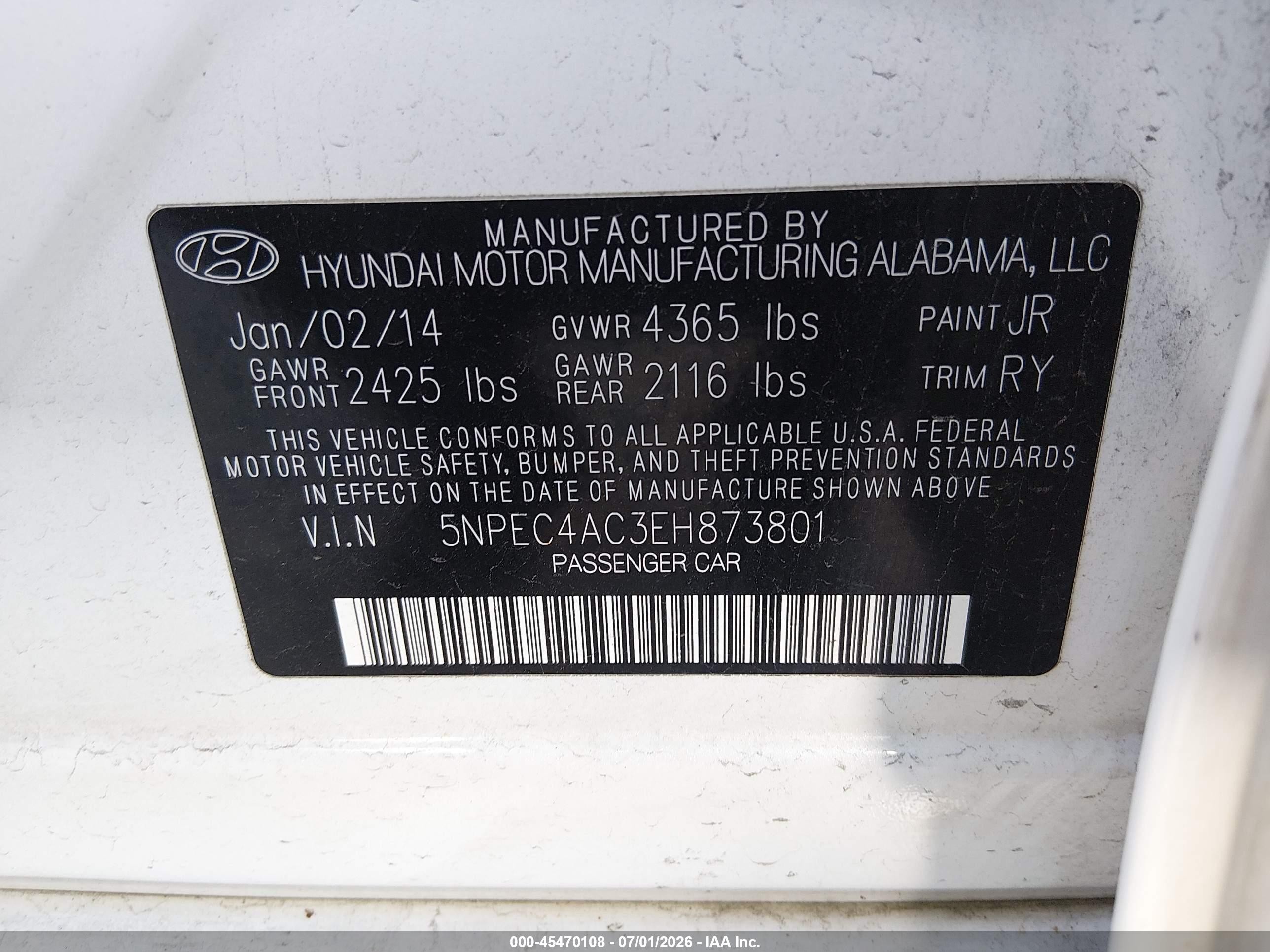 2014 Hyundai Sonata Se White vin: 5NPEC4AC3EH873801