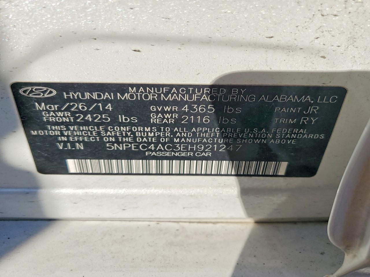 2014 Hyundai Sonata Se White vin: 5NPEC4AC3EH921247