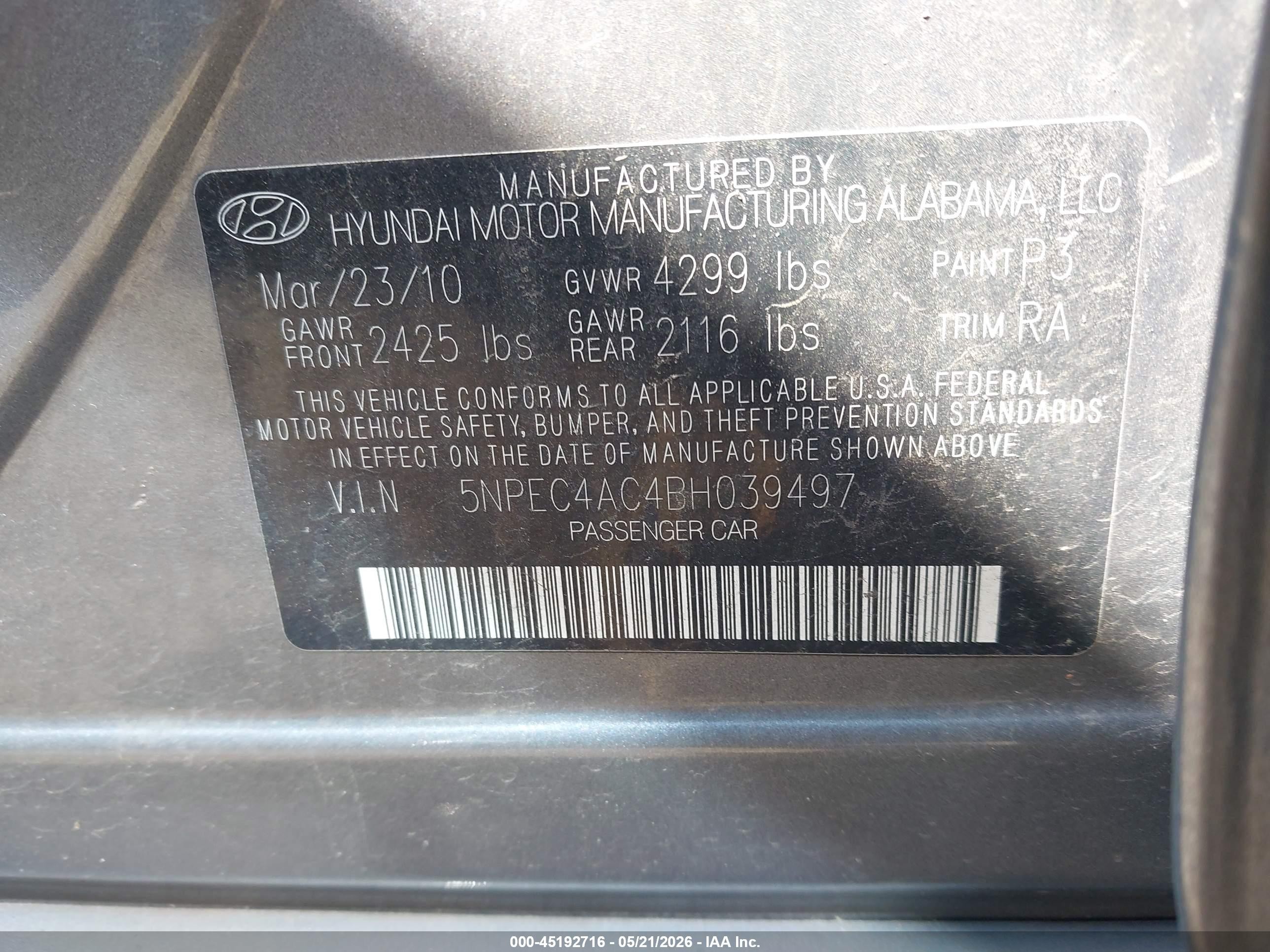 2011 Hyundai Sonata Se Gray vin: 5NPEC4AC4BH039497