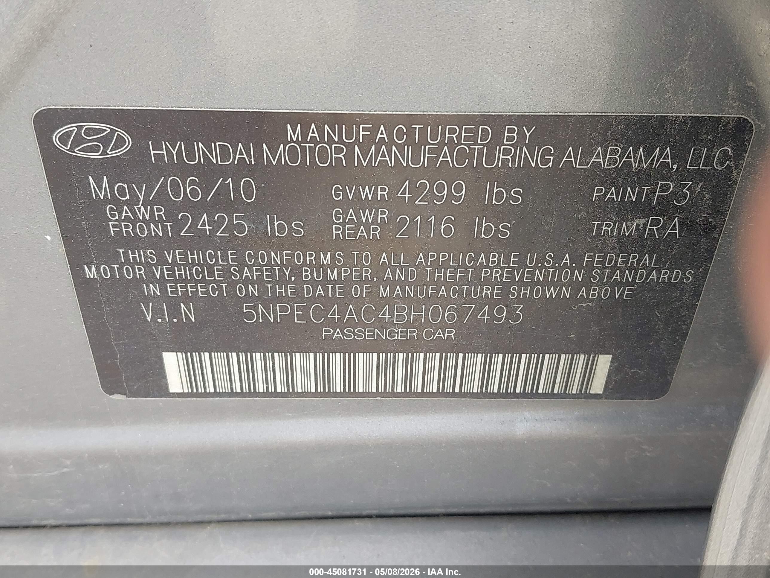2011 Hyundai Sonata Se Gray vin: 5NPEC4AC4BH067493