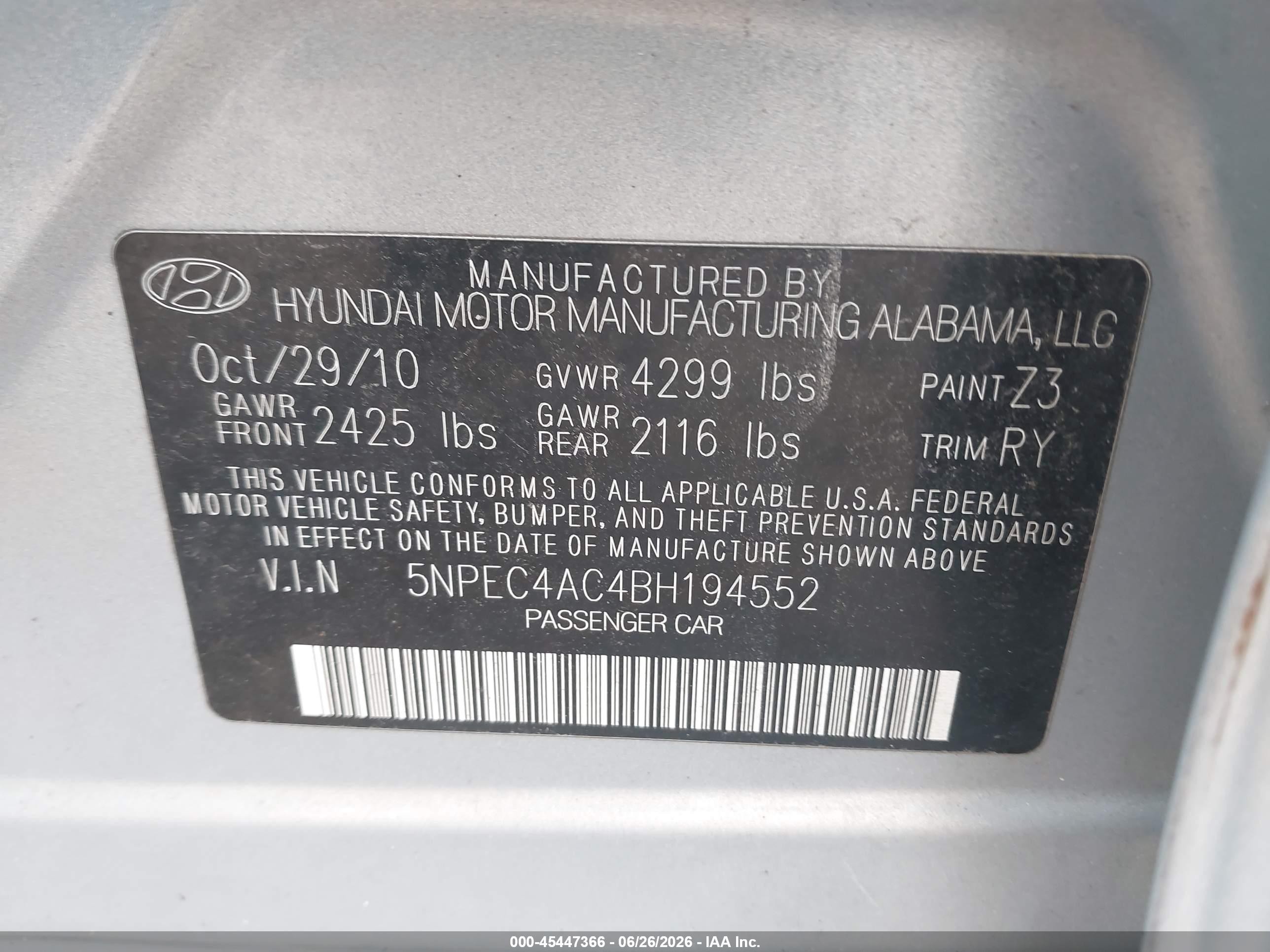 2011 Hyundai Sonata Se Light Blue vin: 5NPEC4AC4BH194552