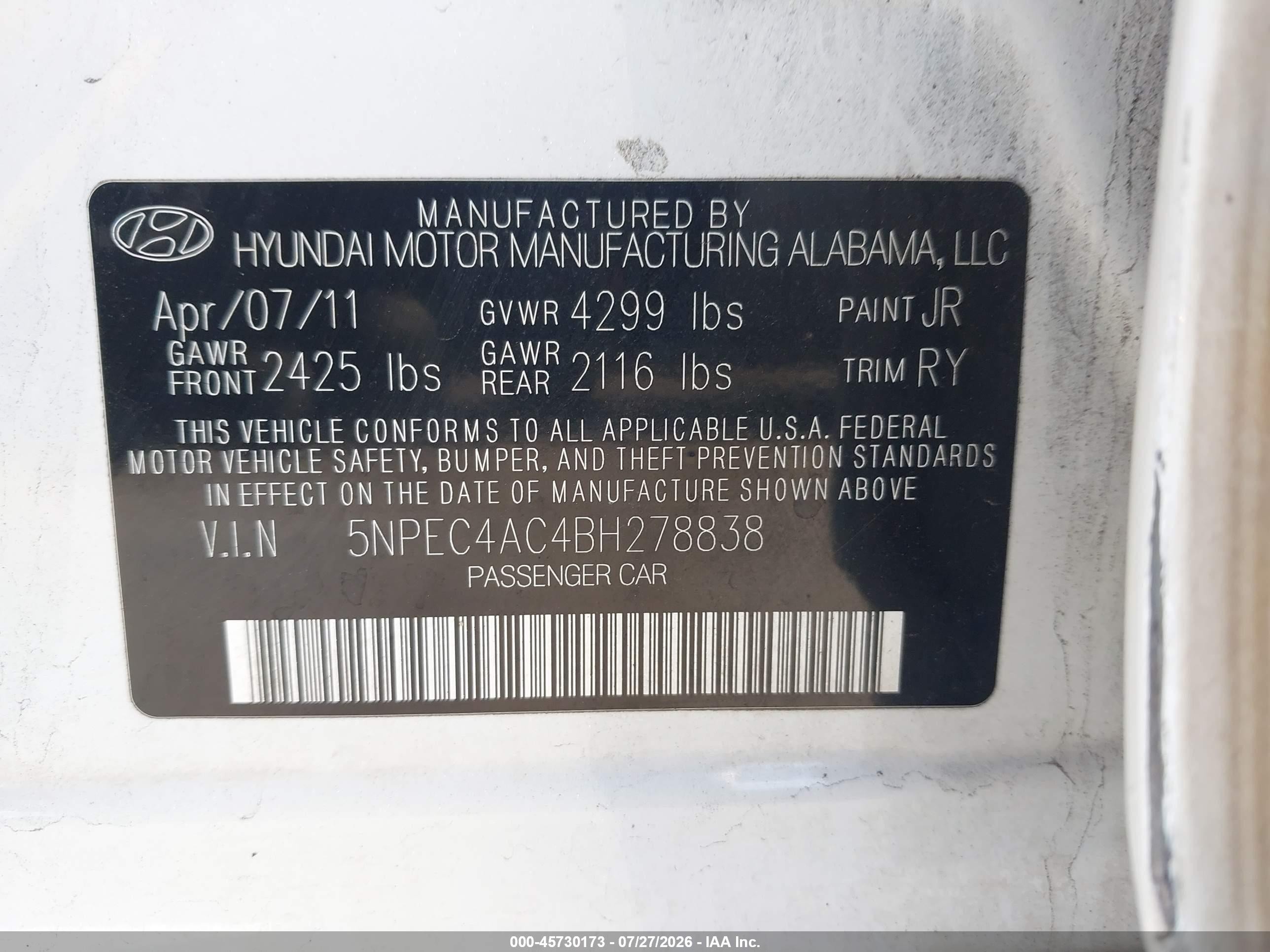 2011 Hyundai Sonata Se White vin: 5NPEC4AC4BH278838