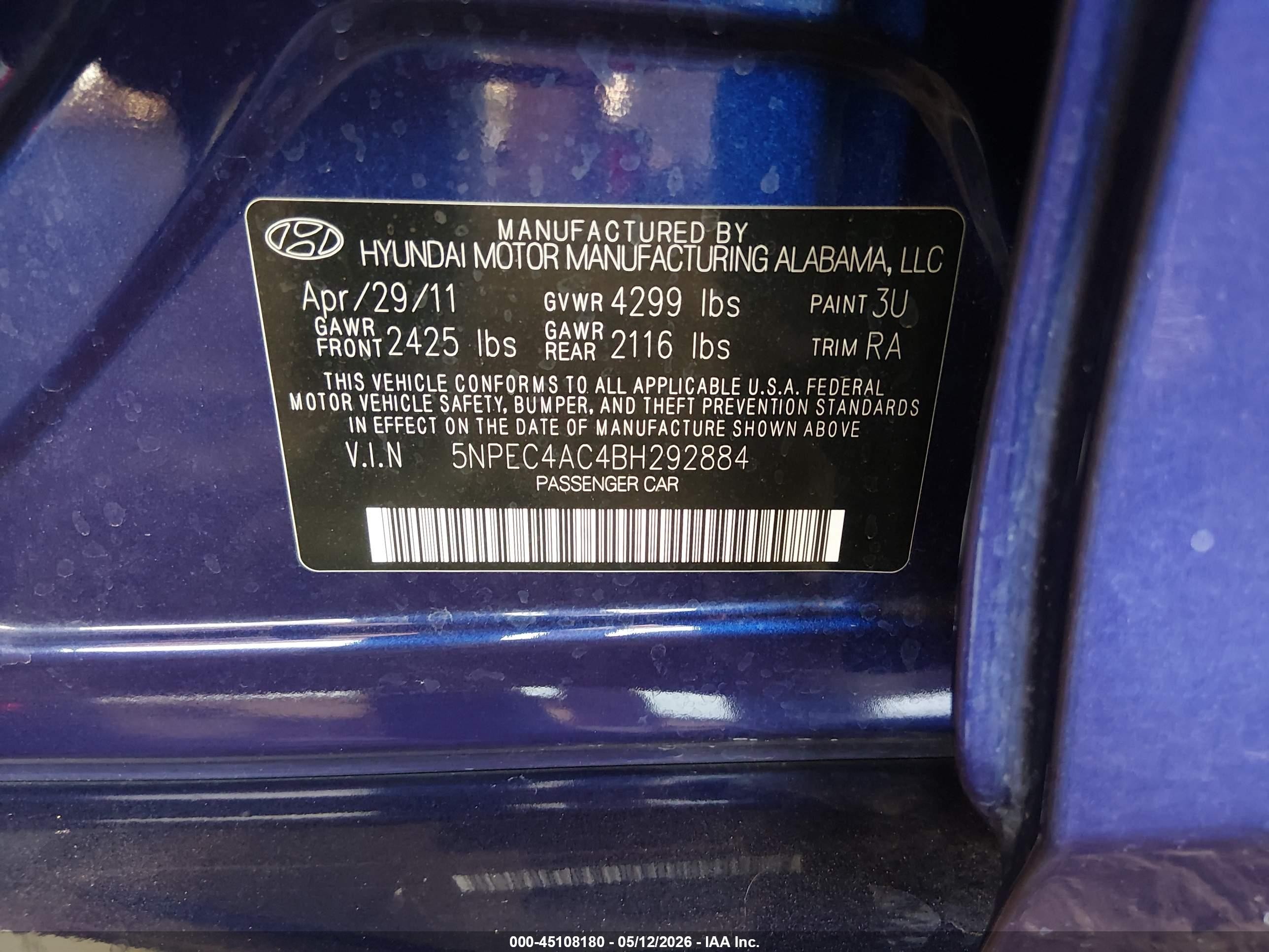 2011 Hyundai Sonata Se Blue vin: 5NPEC4AC4BH292884