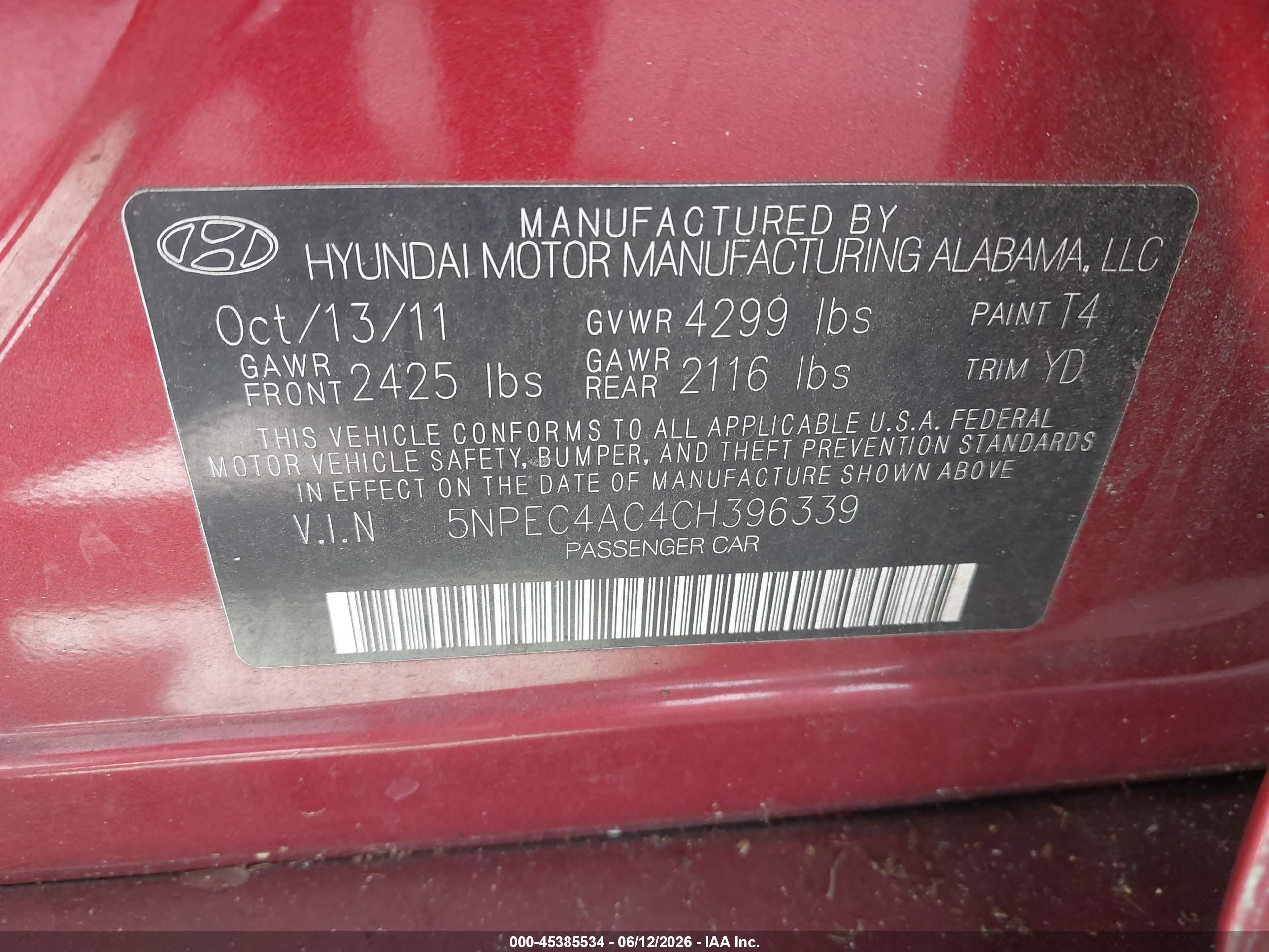 2012 Hyundai Sonata Limited Red vin: 5NPEC4AC4CH396339