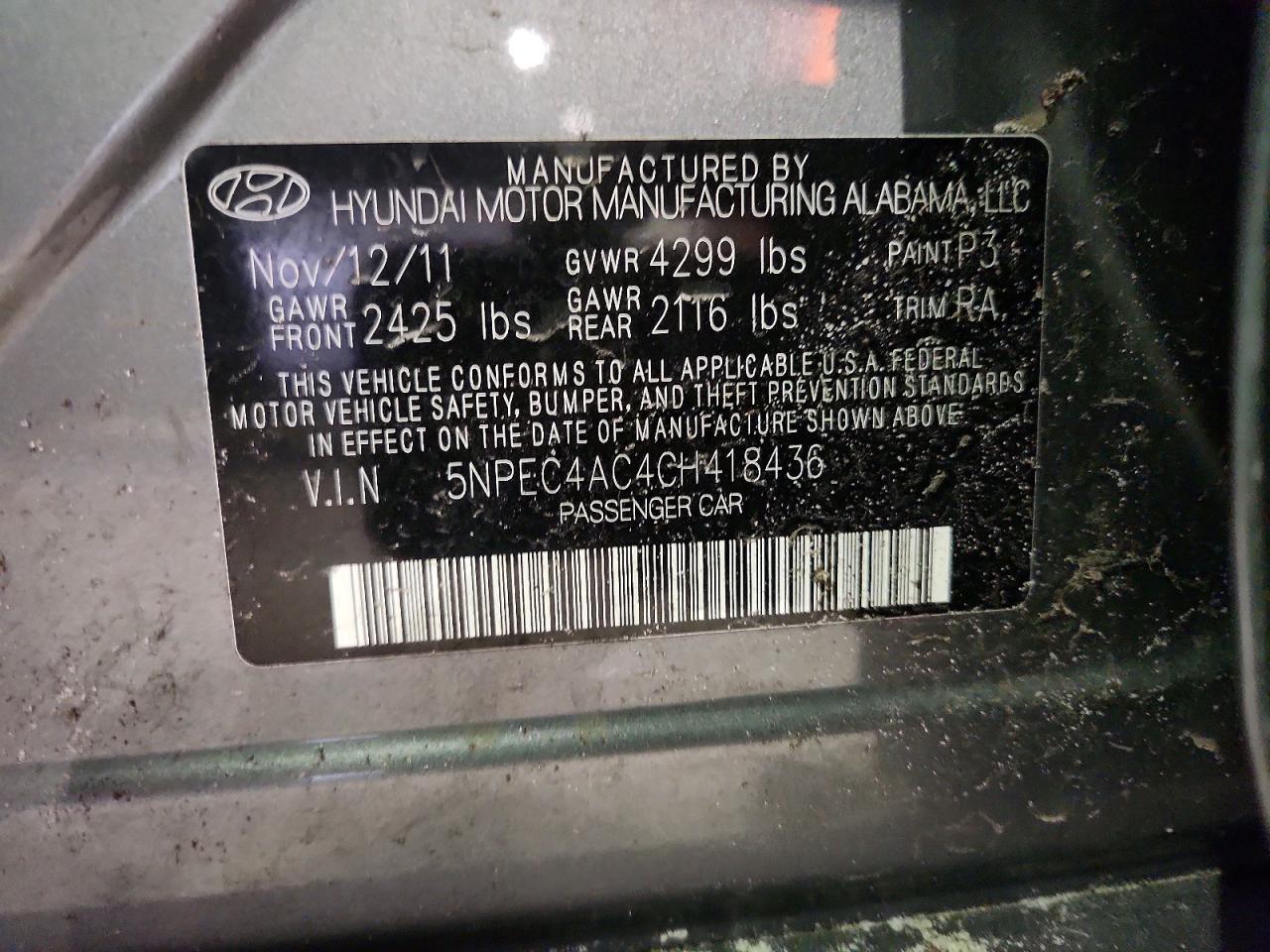 2012 Hyundai Sonata Se Gray vin: 5NPEC4AC4CH418436