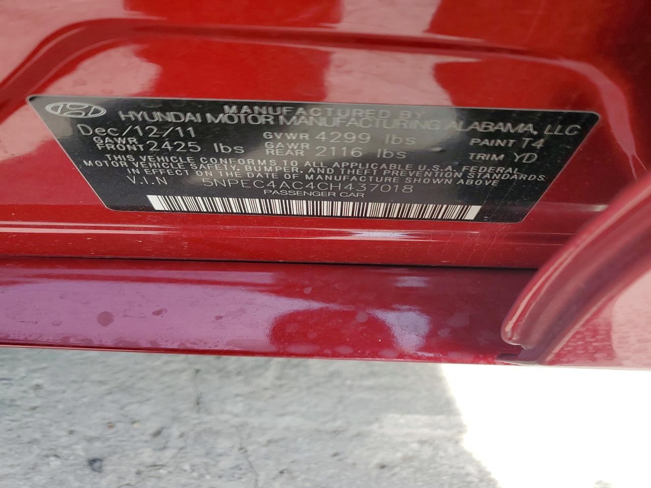 2012 Hyundai Sonata Limited Red vin: 5NPEC4AC4CH437018
