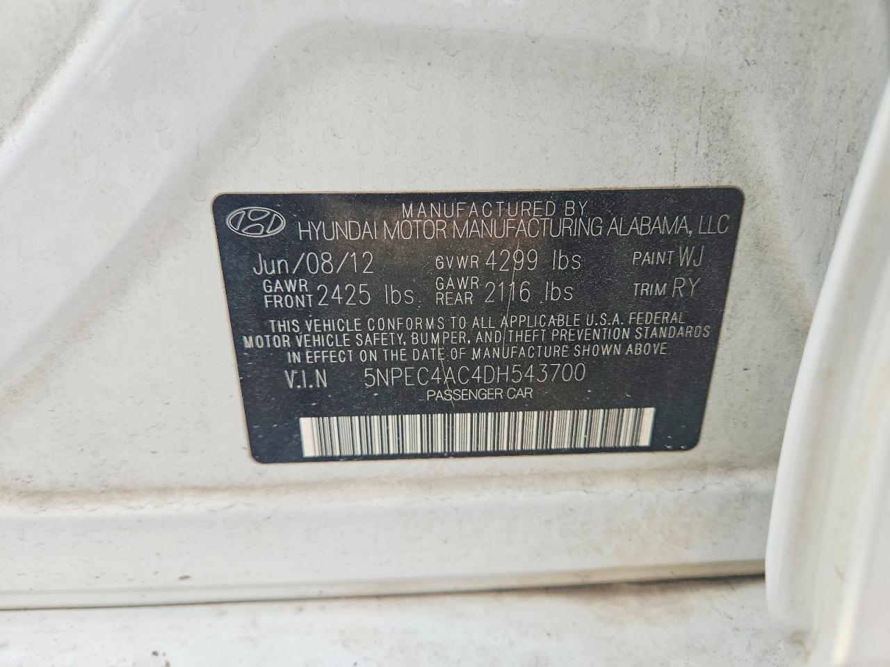 2013 Hyundai Sonata Se White vin: 5NPEC4AC4DH543700