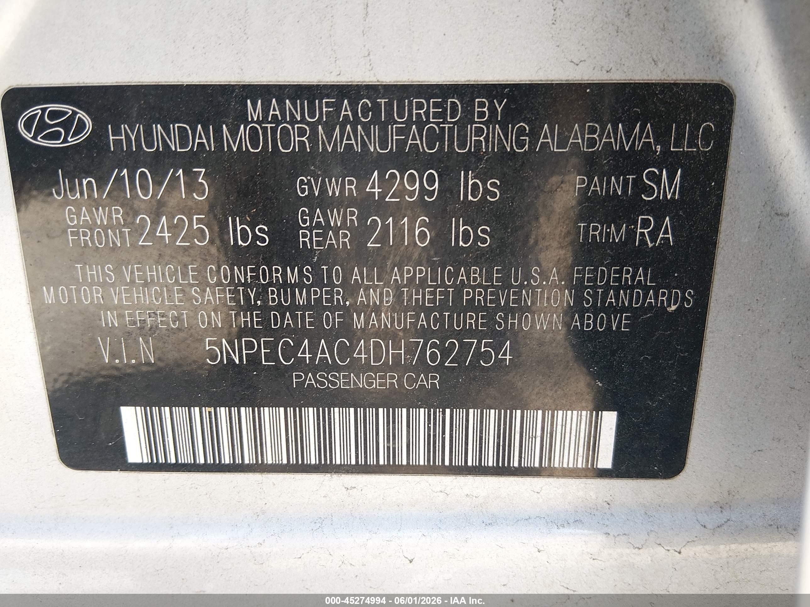 2013 Hyundai Sonata Se Silver vin: 5NPEC4AC4DH762754