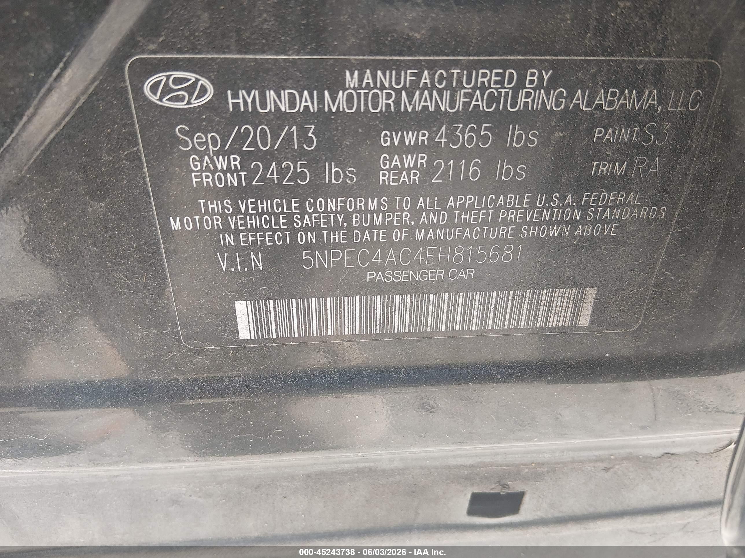 2014 Hyundai Sonata Limited Black vin: 5NPEC4AC4EH815681