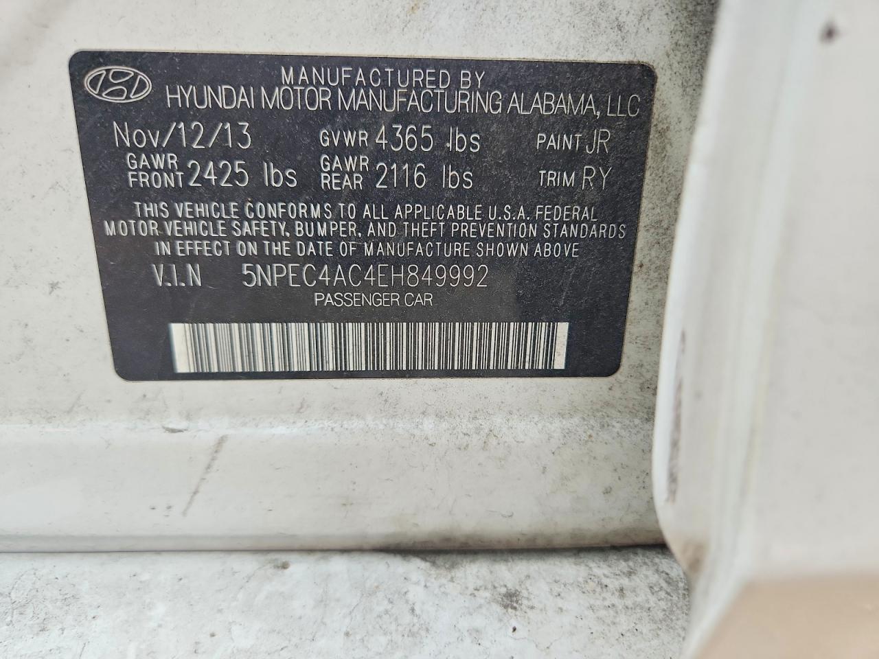 2014 Hyundai Sonata Se White vin: 5NPEC4AC4EH849992