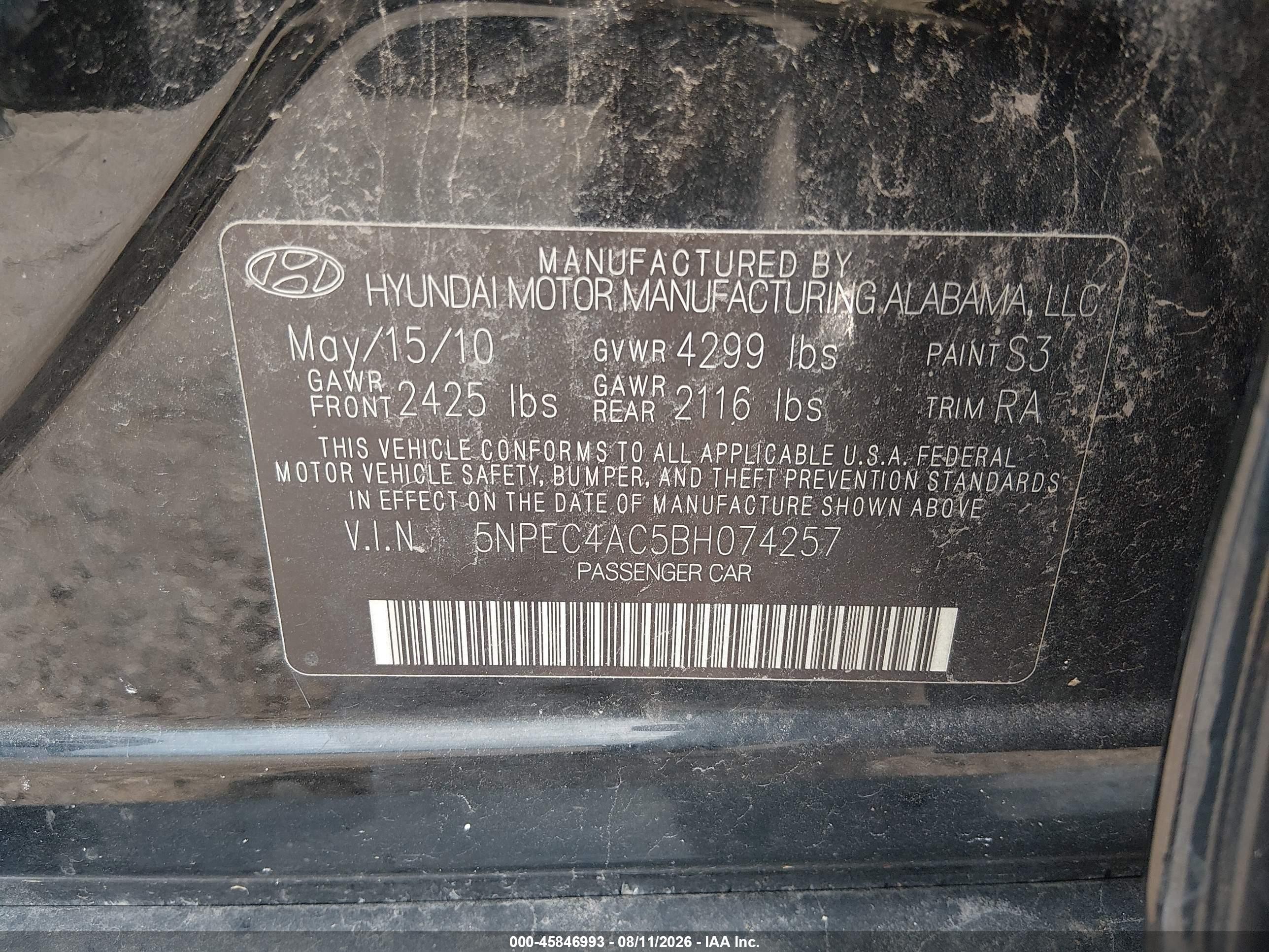 2011 Hyundai Sonata Limited Black vin: 5NPEC4AC5BH074257