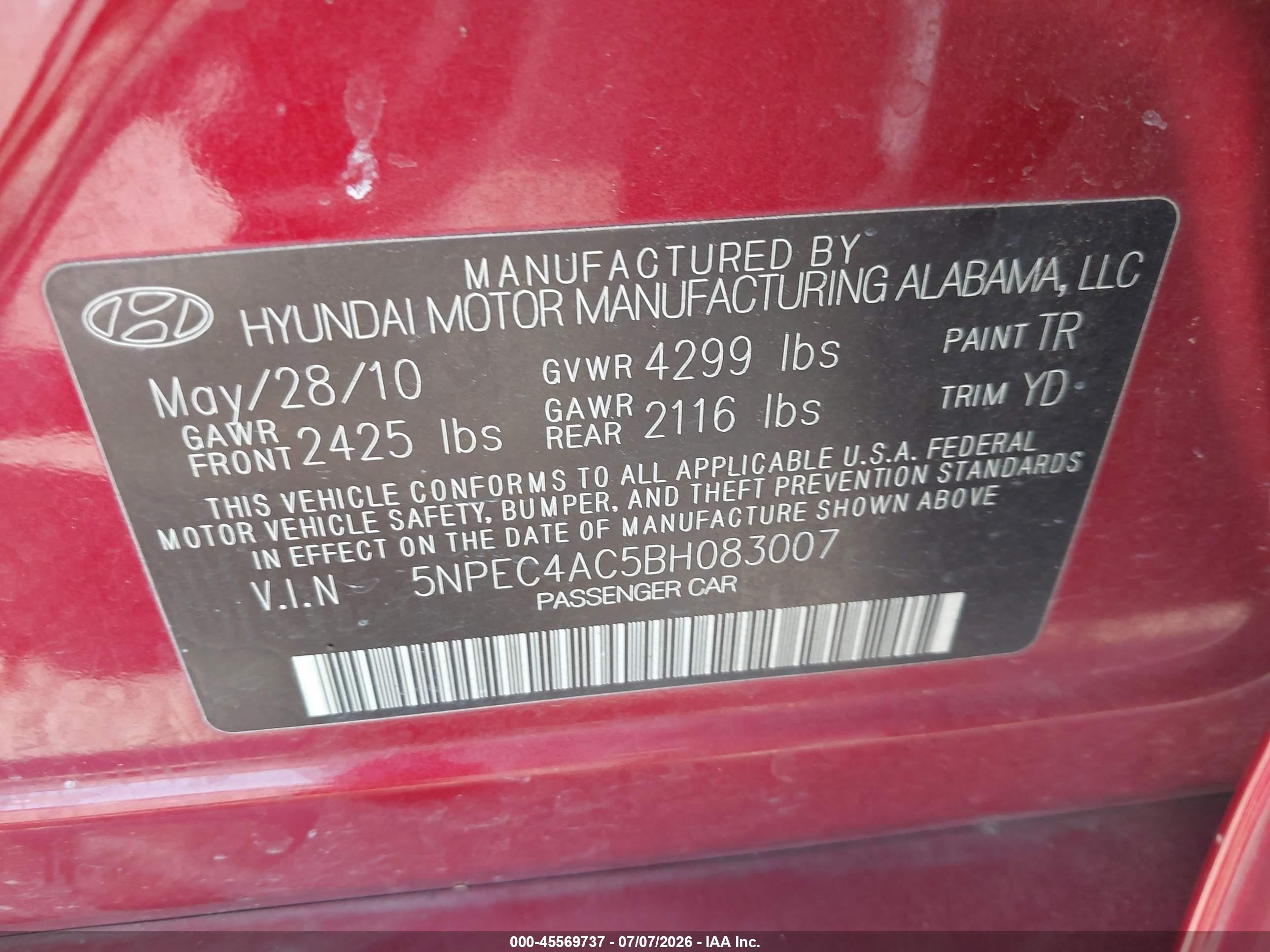2011 Hyundai Sonata Limited Red vin: 5NPEC4AC5BH083007