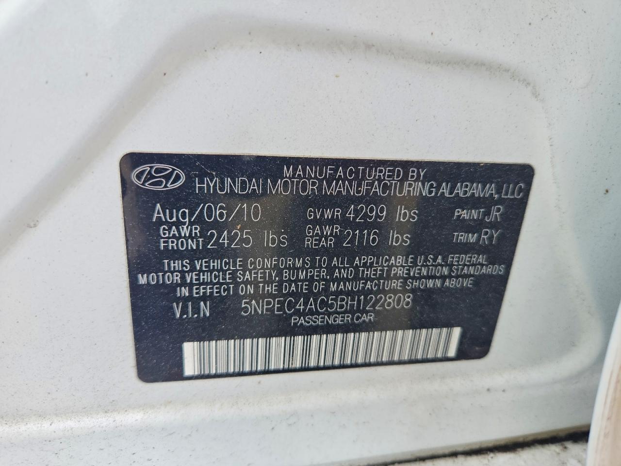 2011 Hyundai Sonata Se White vin: 5NPEC4AC5BH122808