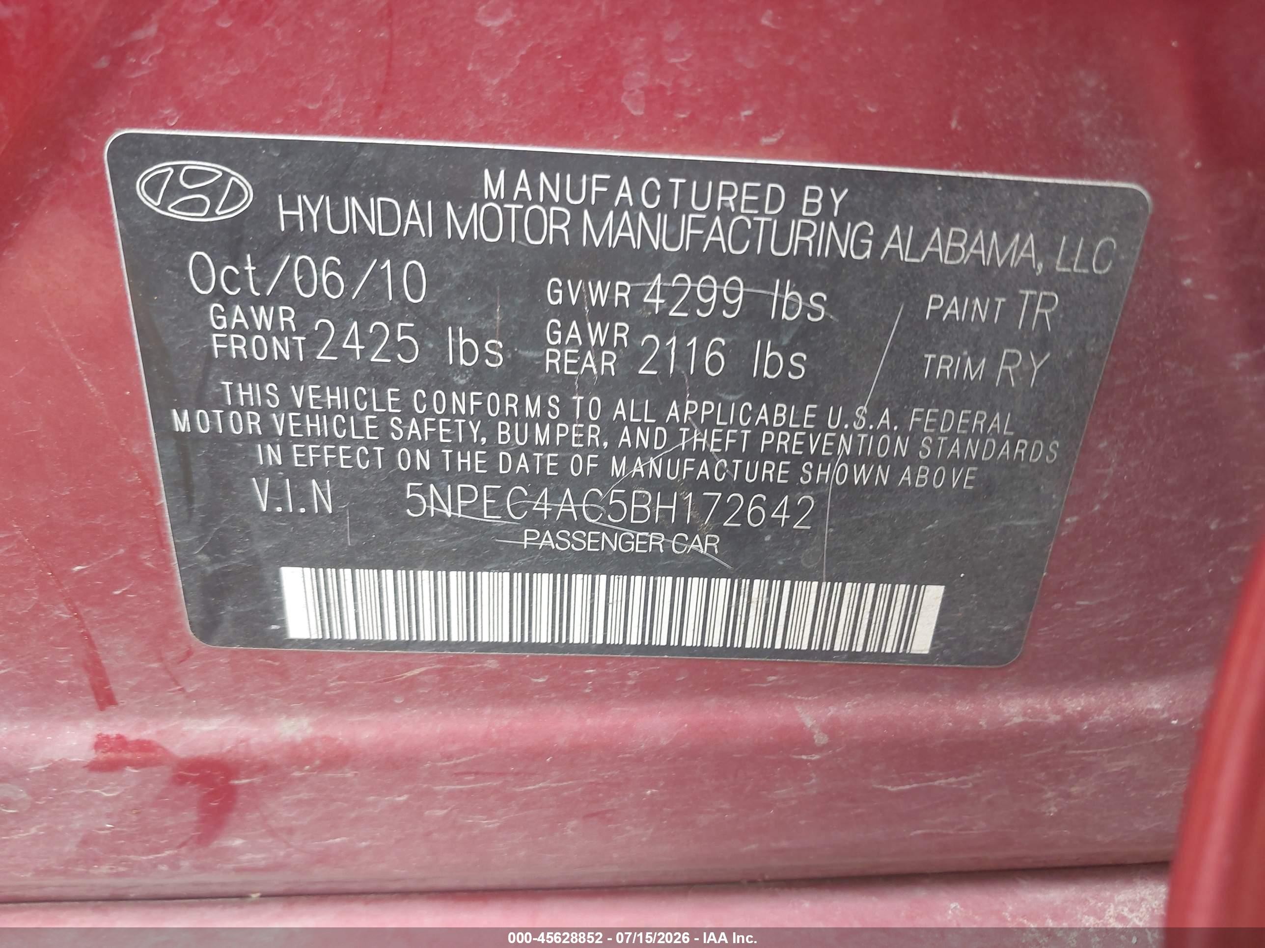 2011 Hyundai Sonata Se Red vin: 5NPEC4AC5BH172642