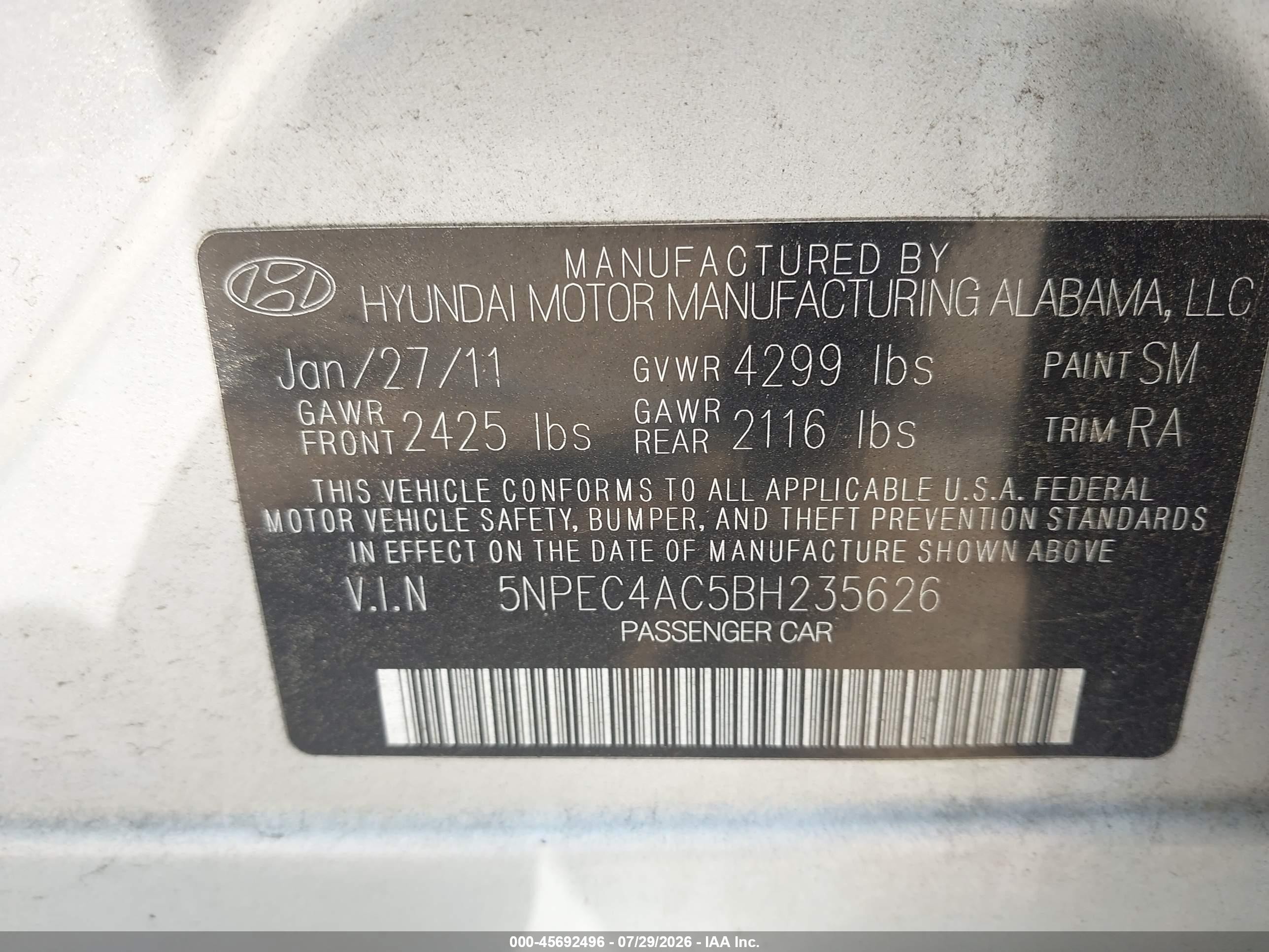 2011 Hyundai Sonata Se Silver vin: 5NPEC4AC5BH235626