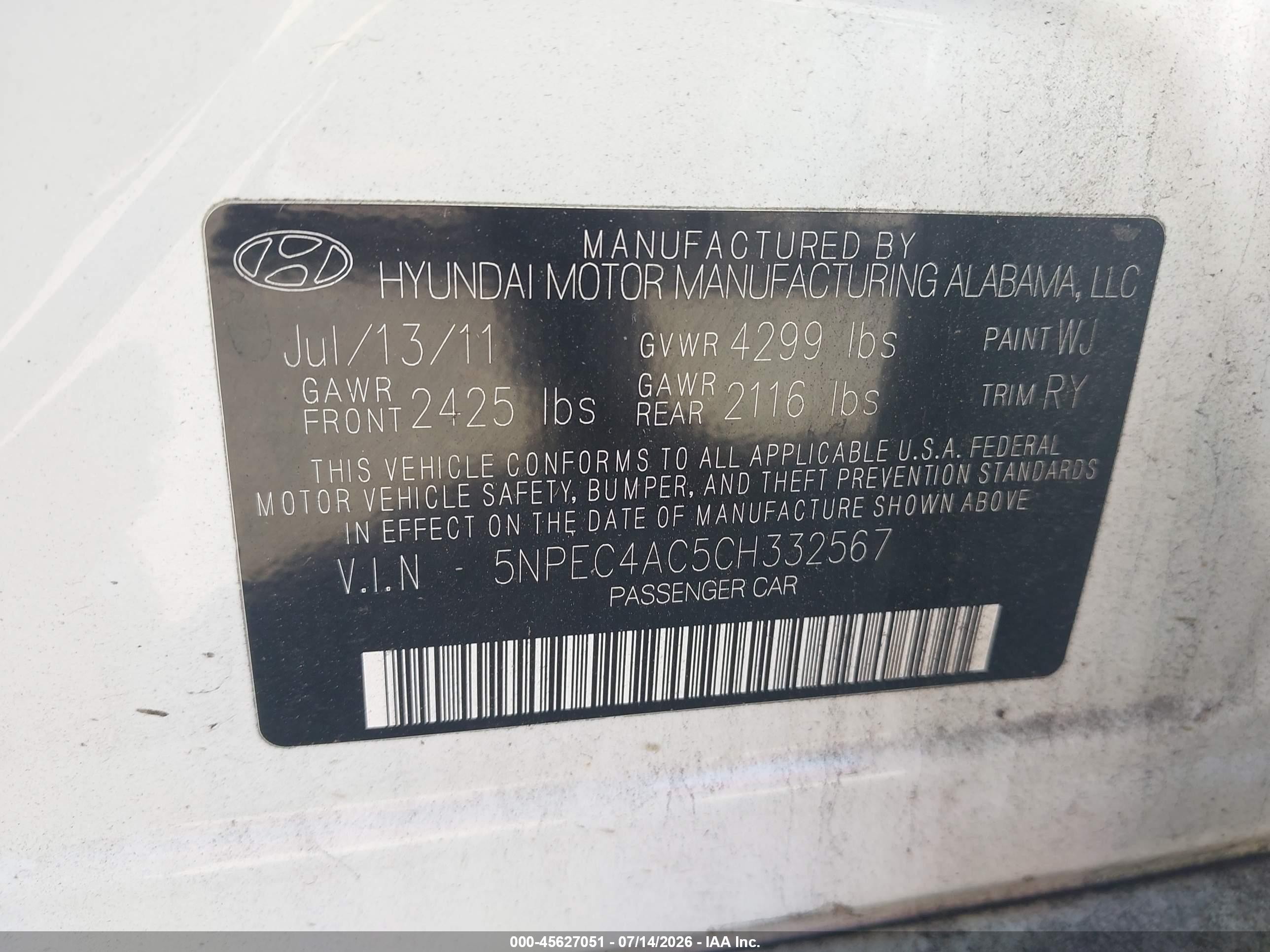 2012 Hyundai Sonata Se White vin: 5NPEC4AC5CH332567