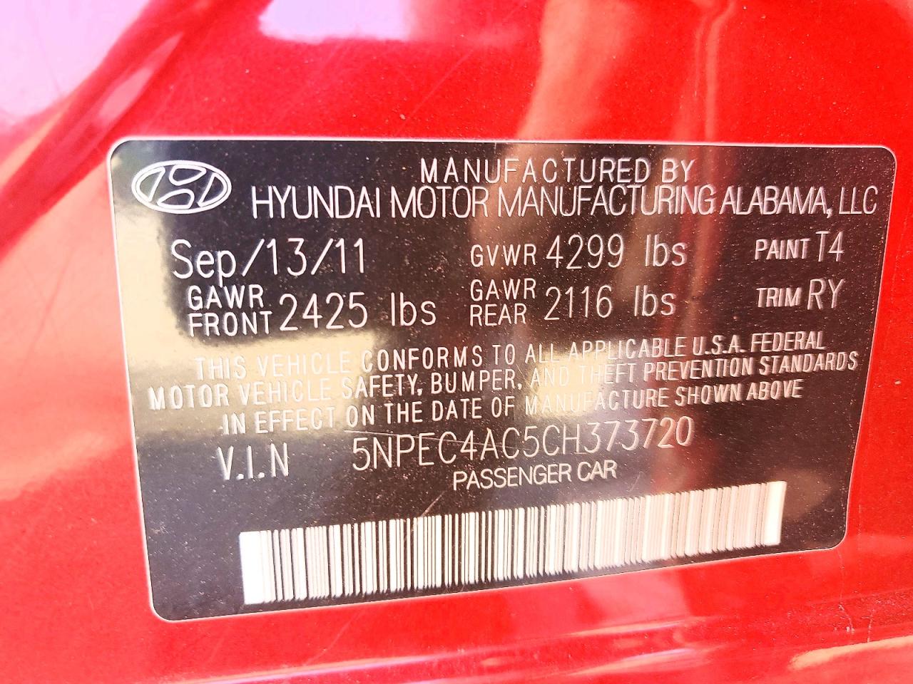 2012 Hyundai Sonata Red vin: 5NPEC4AC5CH373720