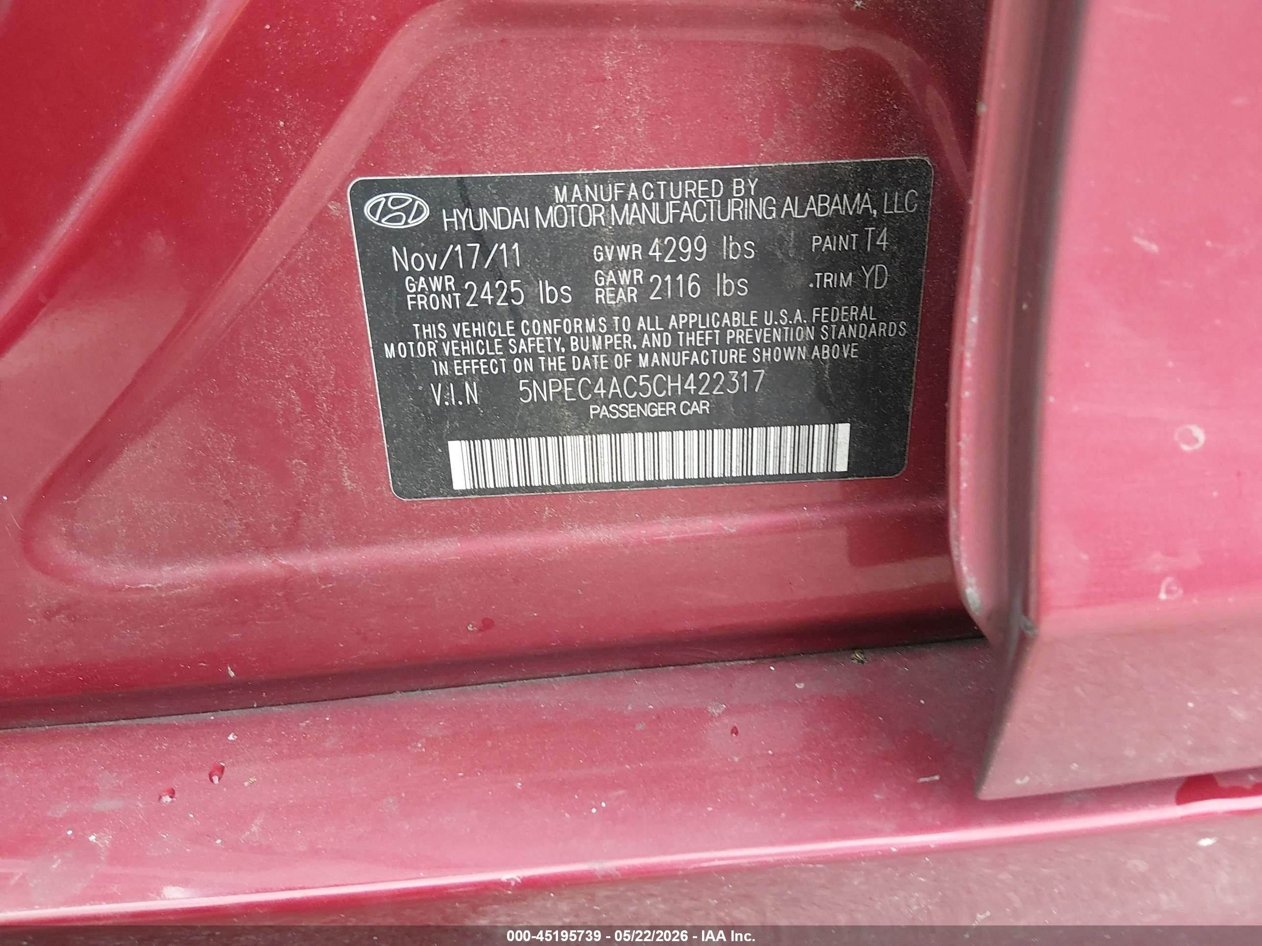 2012 Hyundai Sonata Limited Red vin: 5NPEC4AC5CH422317