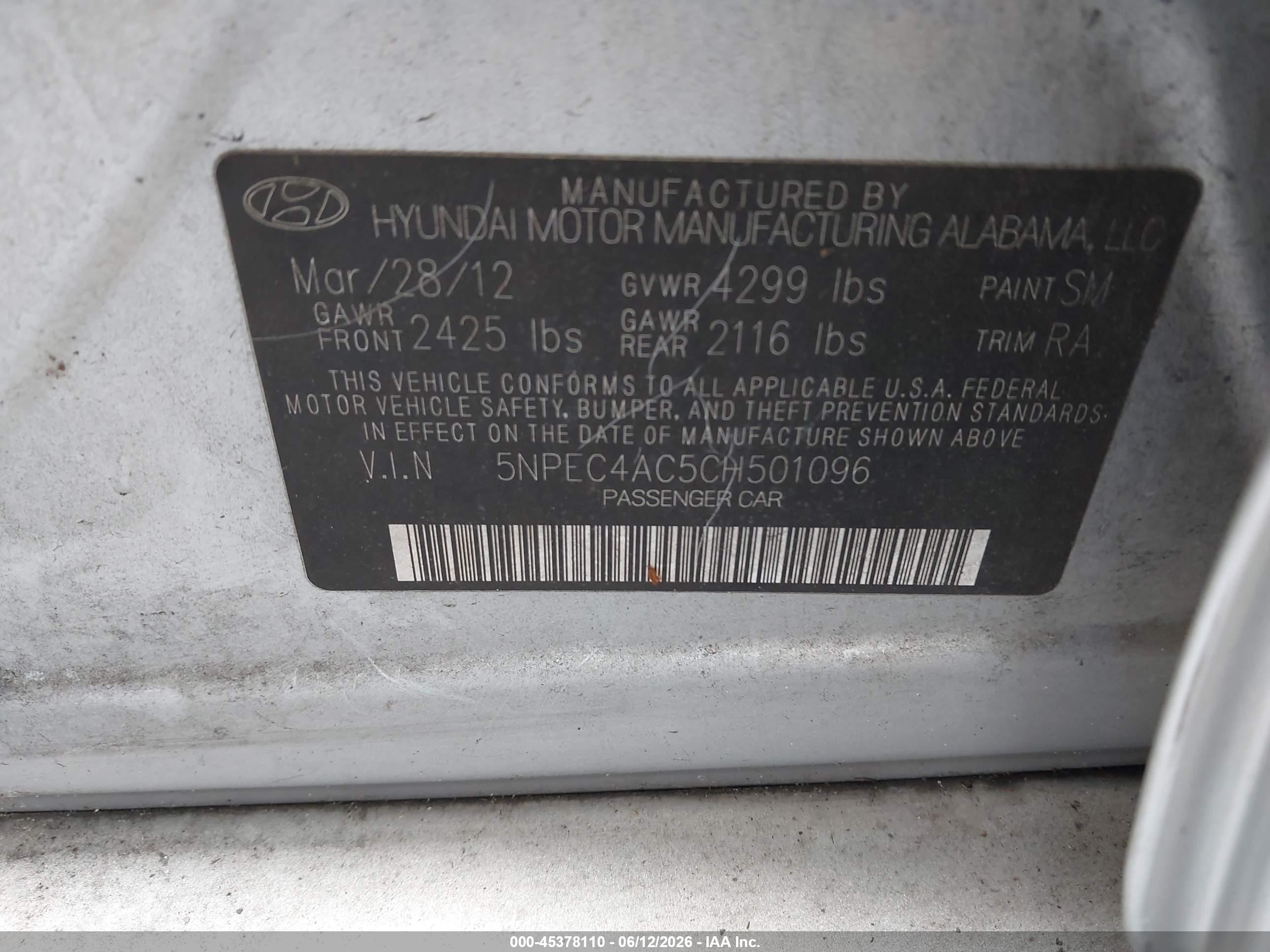 2012 Hyundai Sonata Se Silver vin: 5NPEC4AC5CH501096