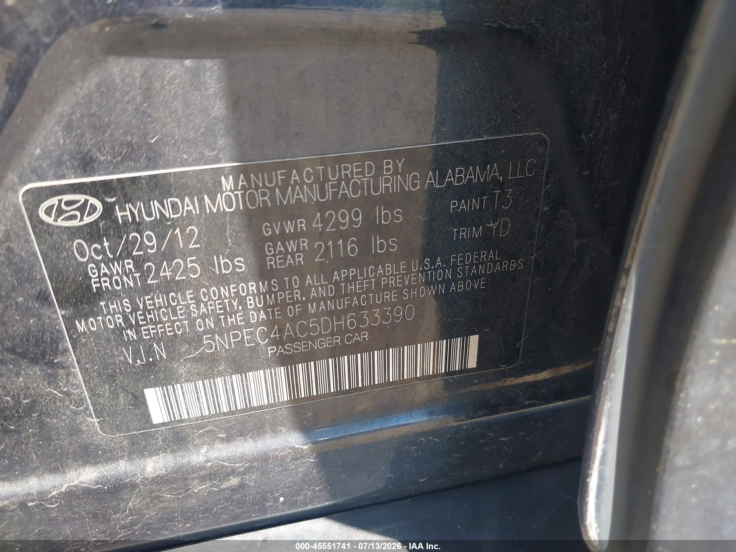 2013 Hyundai Sonata Limited Blue vin: 5NPEC4AC5DH633390