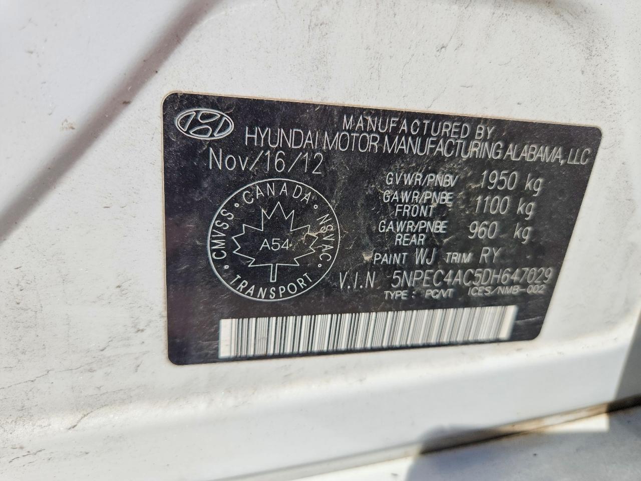 2013 Hyundai Sonata Se White vin: 5NPEC4AC5DH647029
