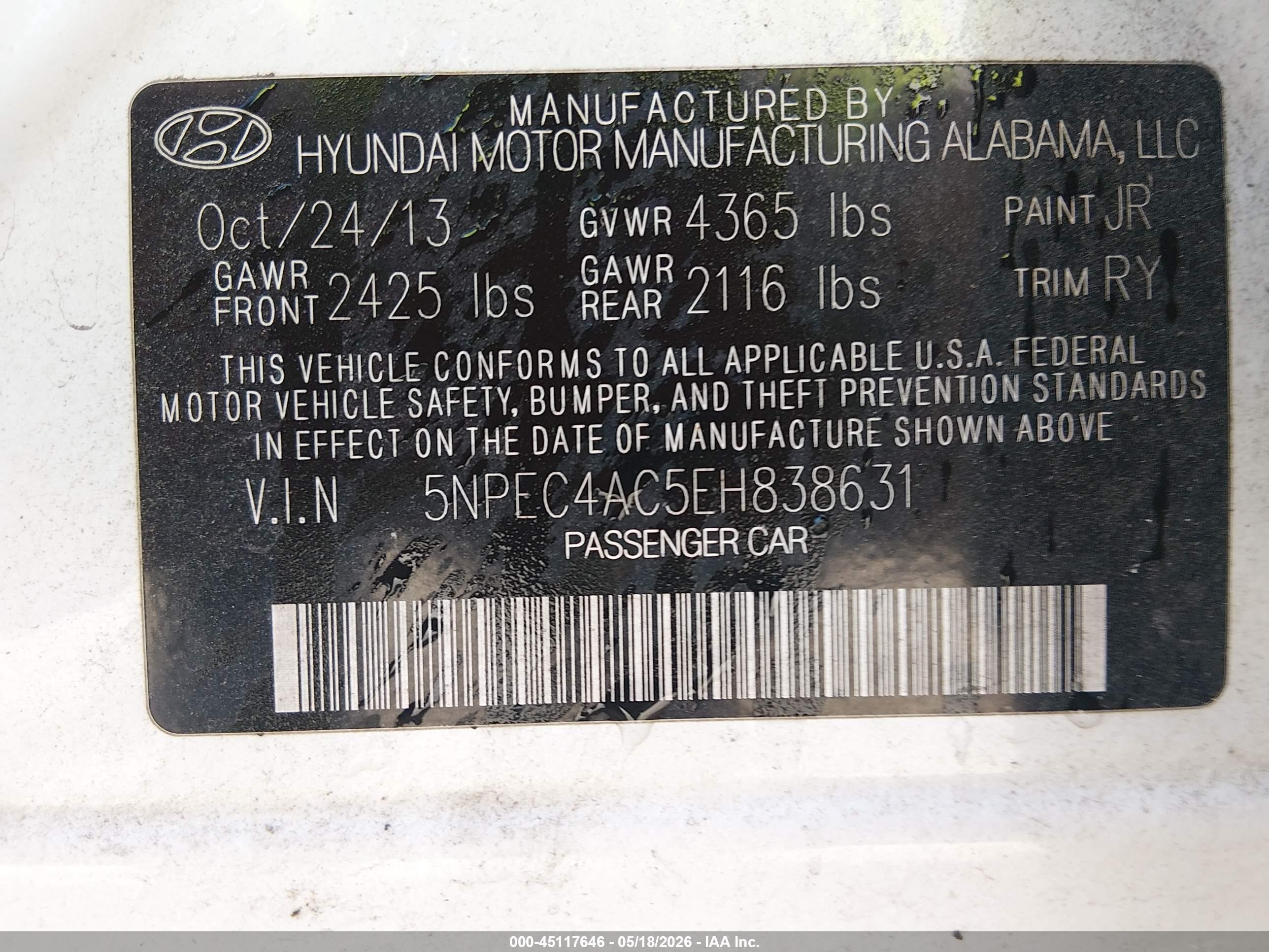 2014 Hyundai Sonata Se White vin: 5NPEC4AC5EH838631