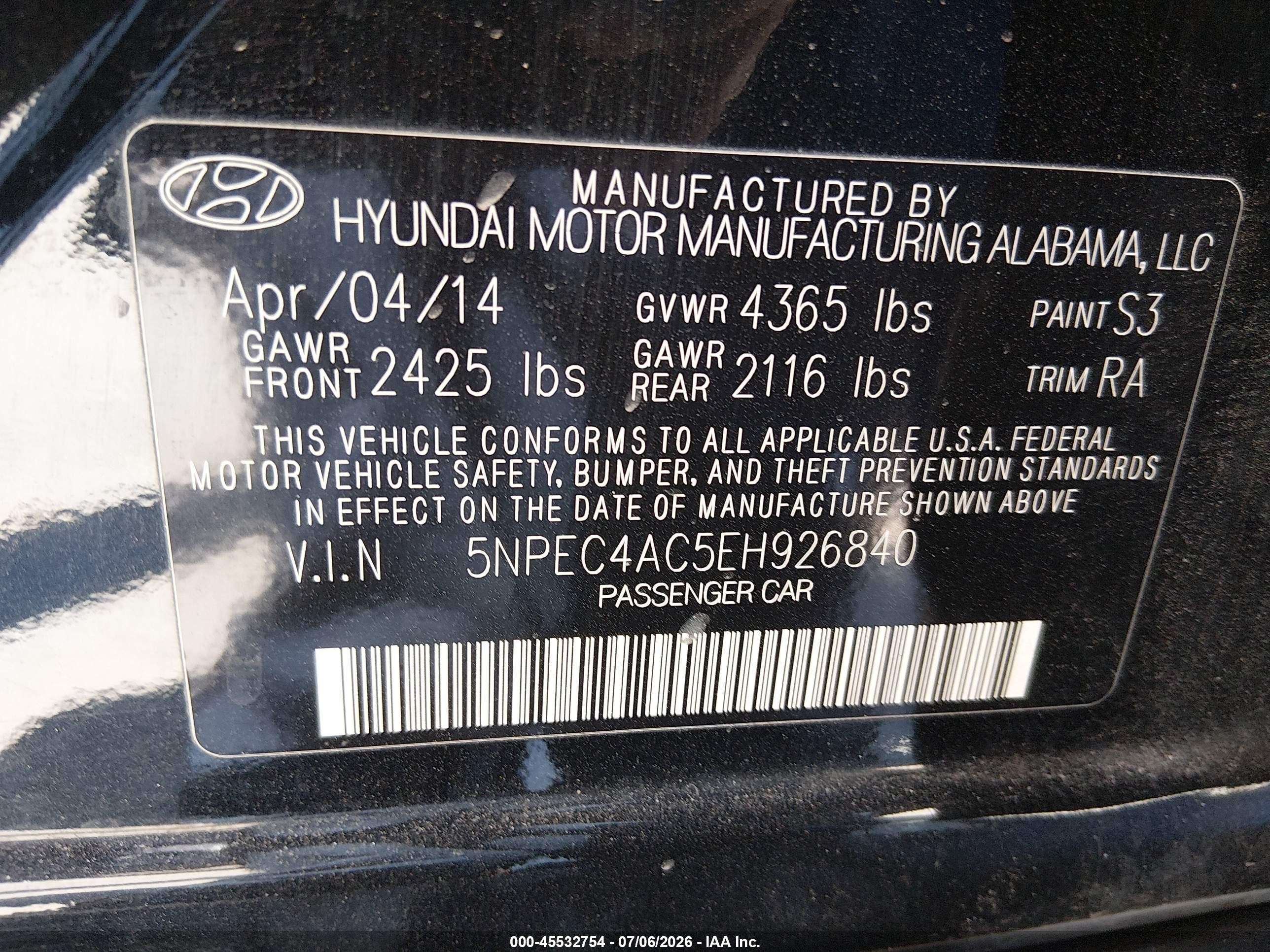 2014 Hyundai Sonata Limited Black vin: 5NPEC4AC5EH926840