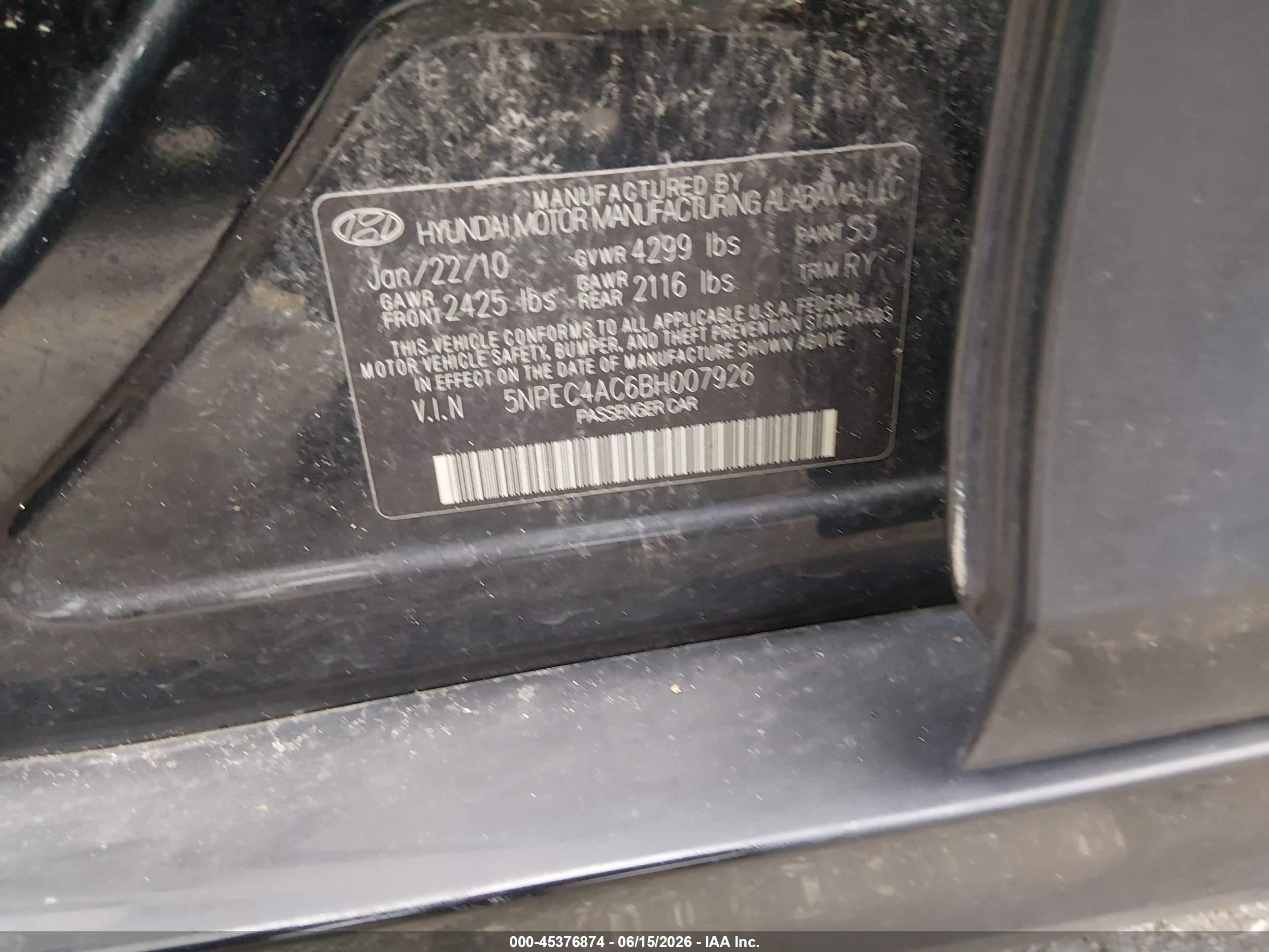 2011 Hyundai Sonata Limited Black vin: 5NPEC4AC6BH007926