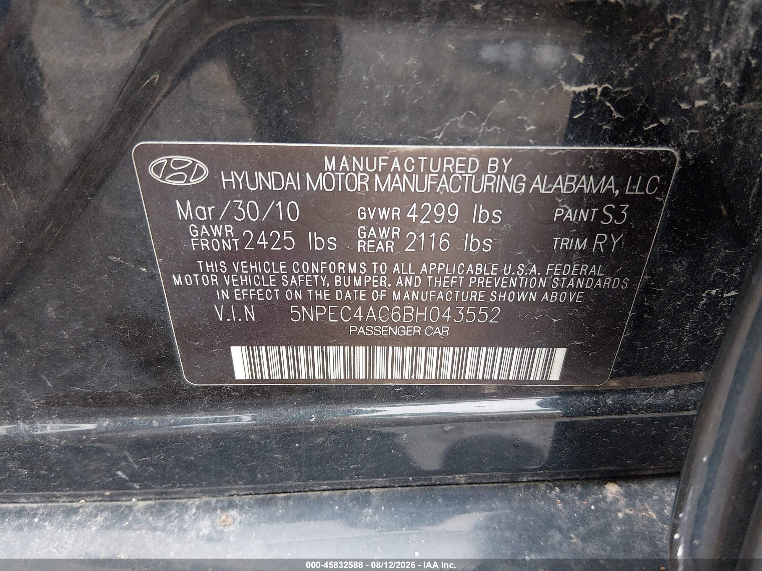 2011 Hyundai Sonata Limited Black vin: 5NPEC4AC6BH043552