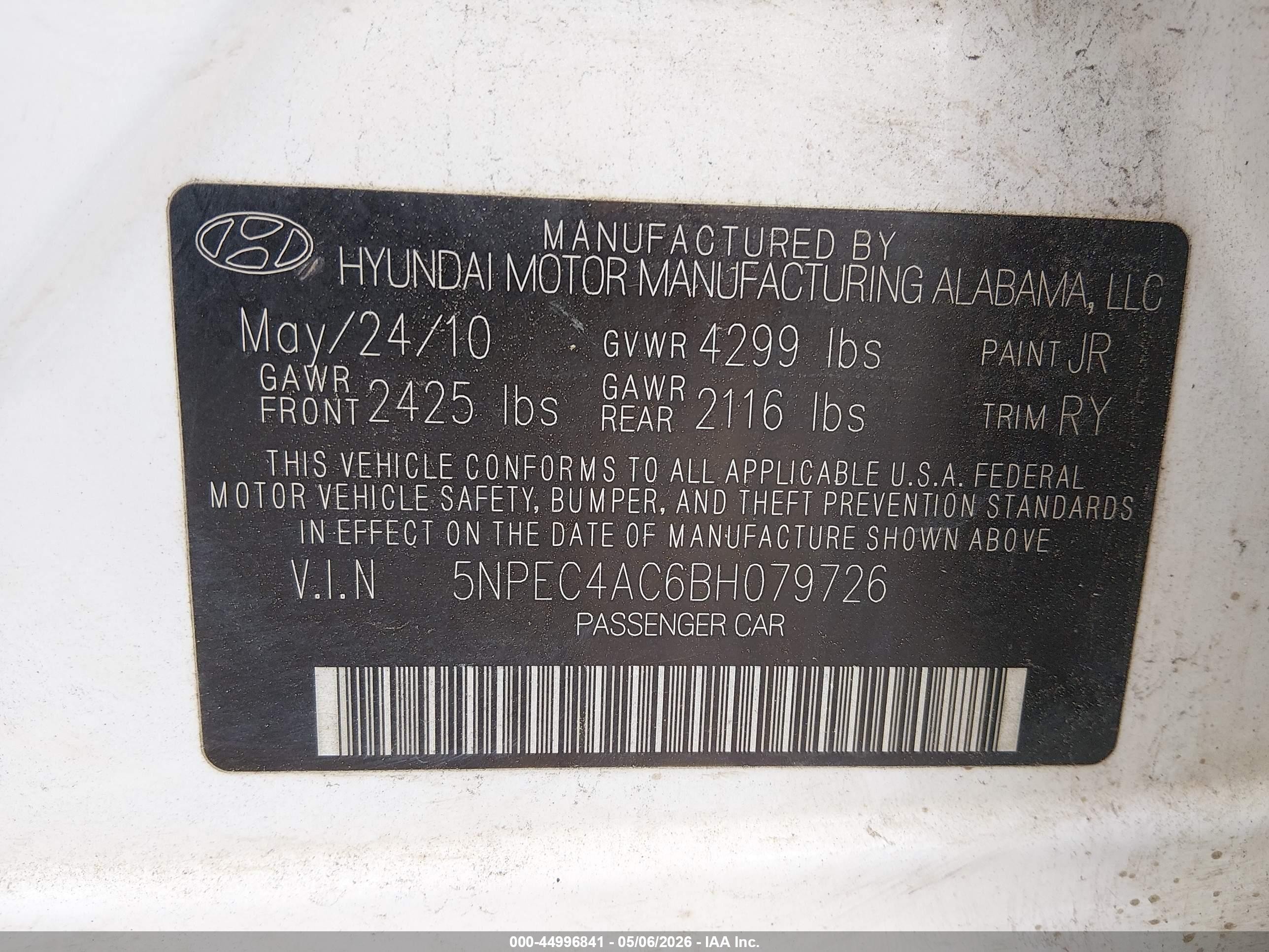 2011 Hyundai Sonata Se White vin: 5NPEC4AC6BH079726