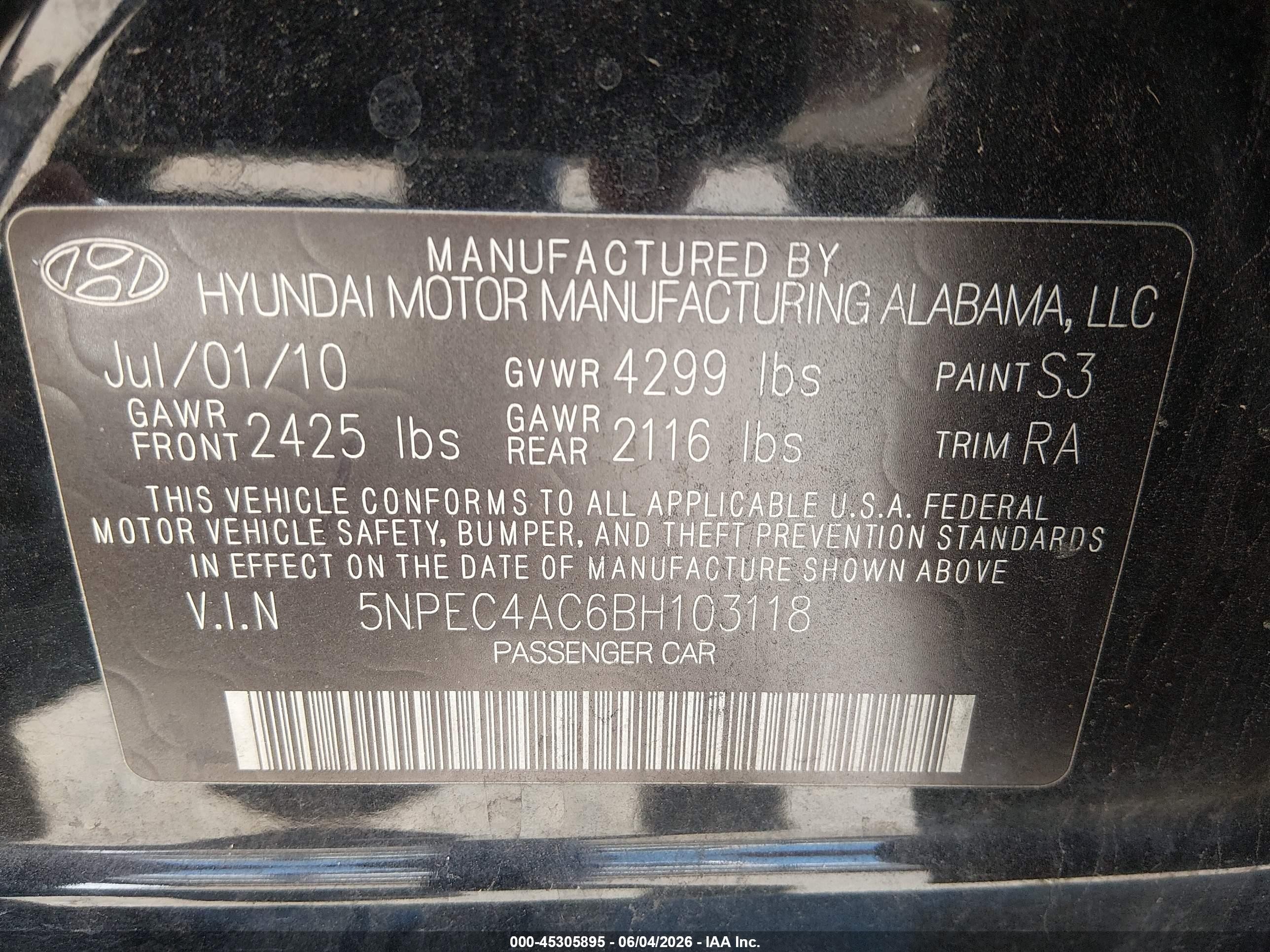 2011 Hyundai Sonata Limited Black vin: 5NPEC4AC6BH103118
