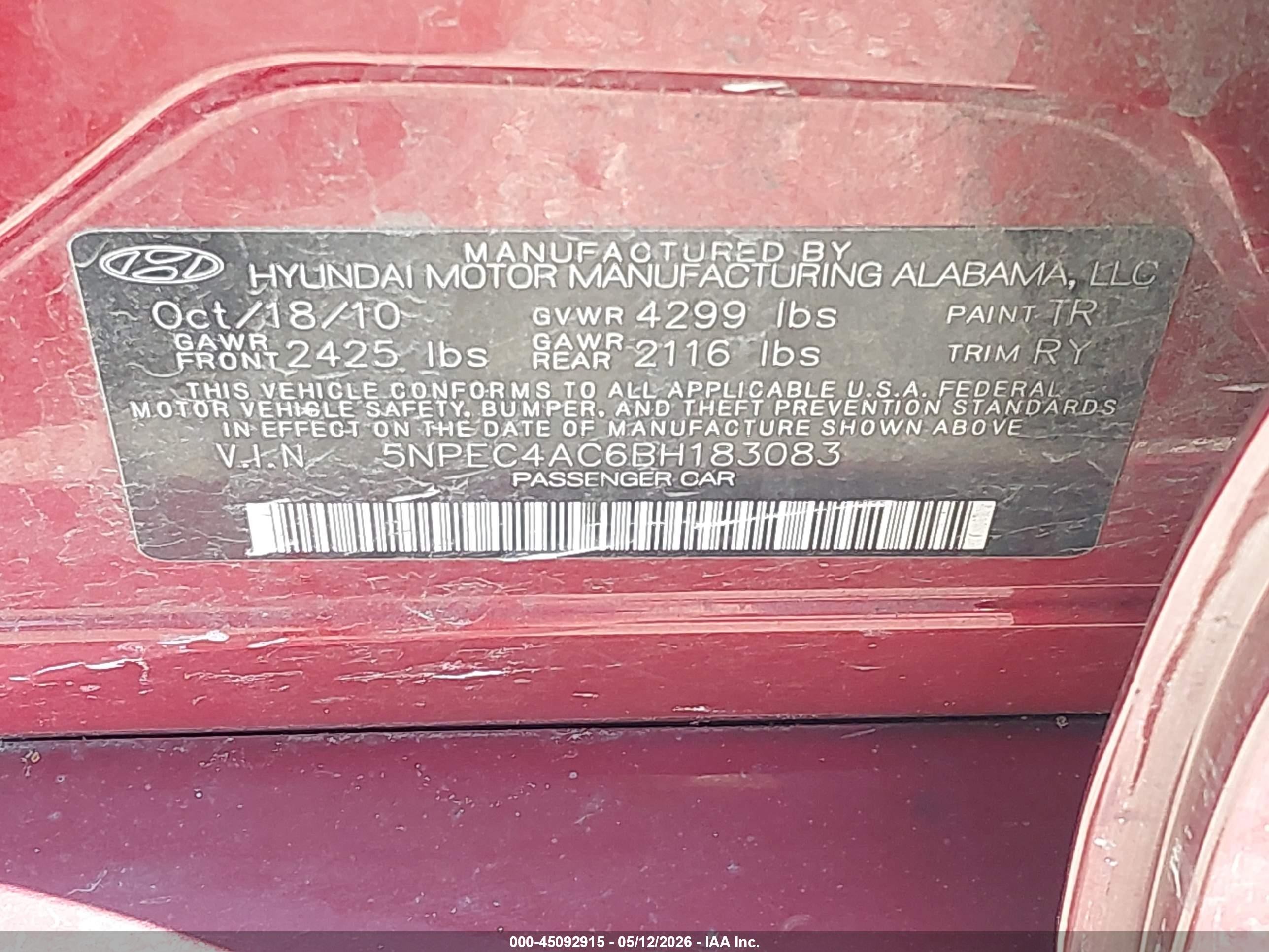 2011 Hyundai Sonata Se Red vin: 5NPEC4AC6BH183083