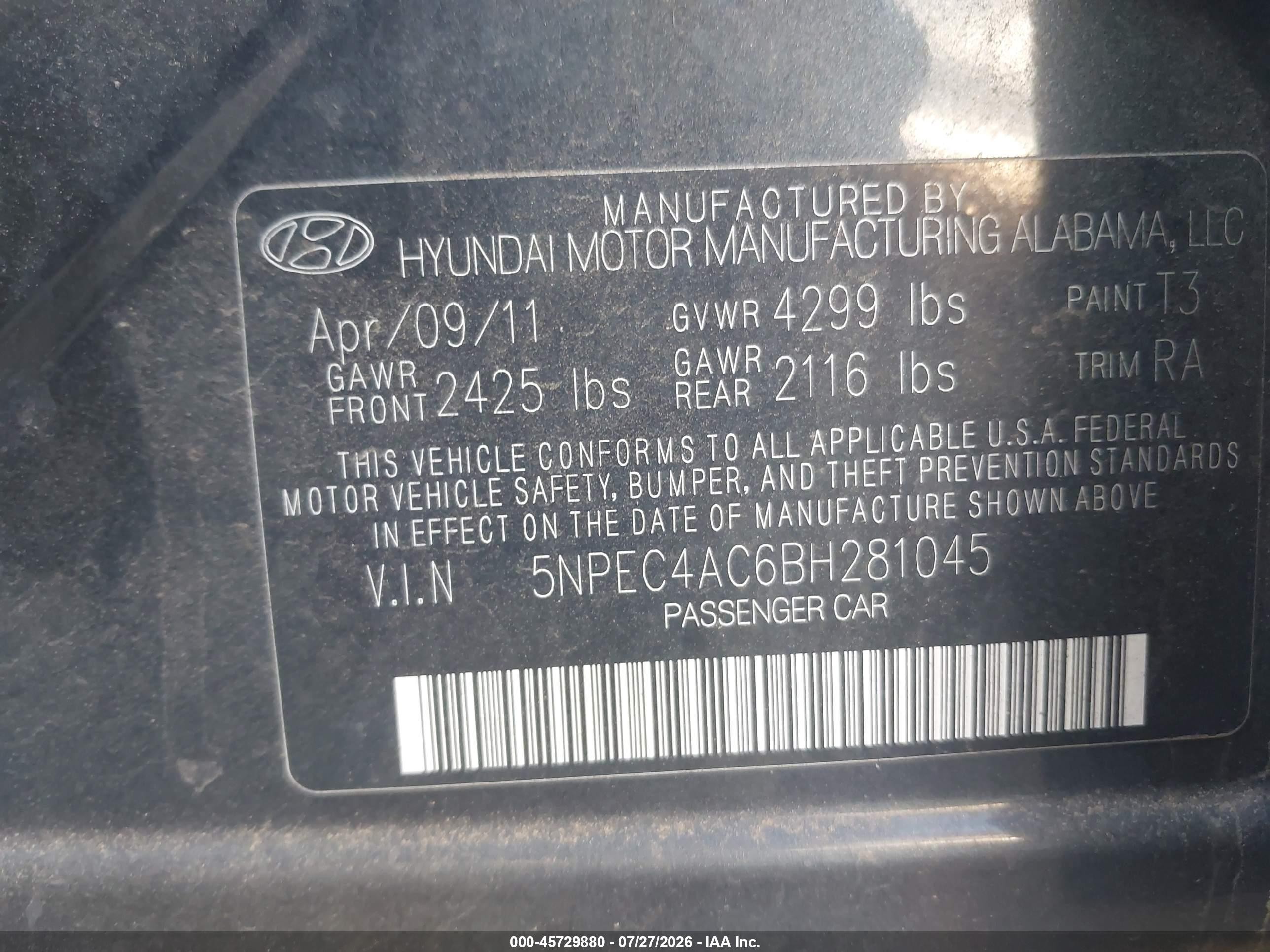2011 Hyundai Sonata Se Black vin: 5NPEC4AC6BH281045
