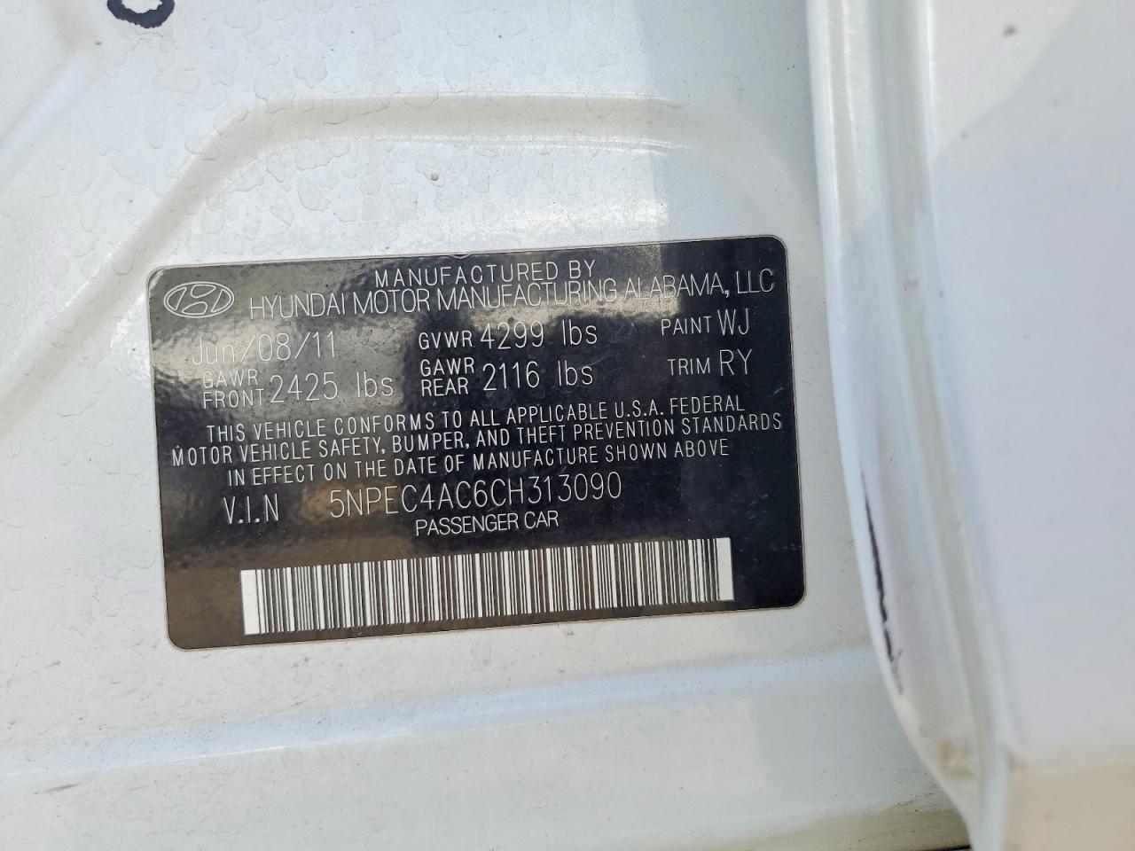 2012 Hyundai Sonata Se White vin: 5NPEC4AC6CH313090