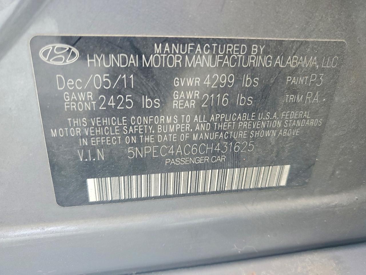 2012 Hyundai Sonata Se Gray vin: 5NPEC4AC6CH431625