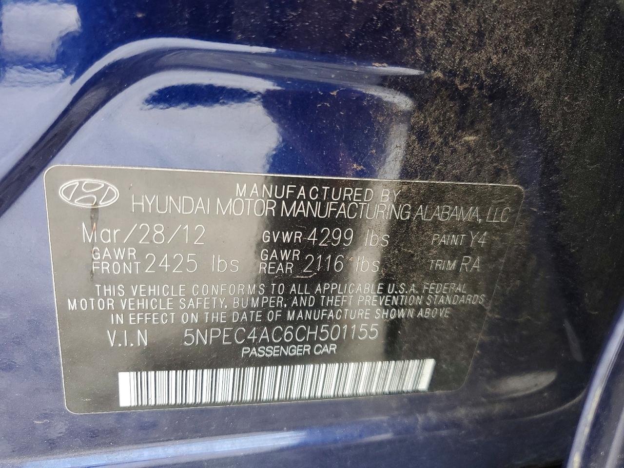 2012 Hyundai Sonata Se Blue vin: 5NPEC4AC6CH501155