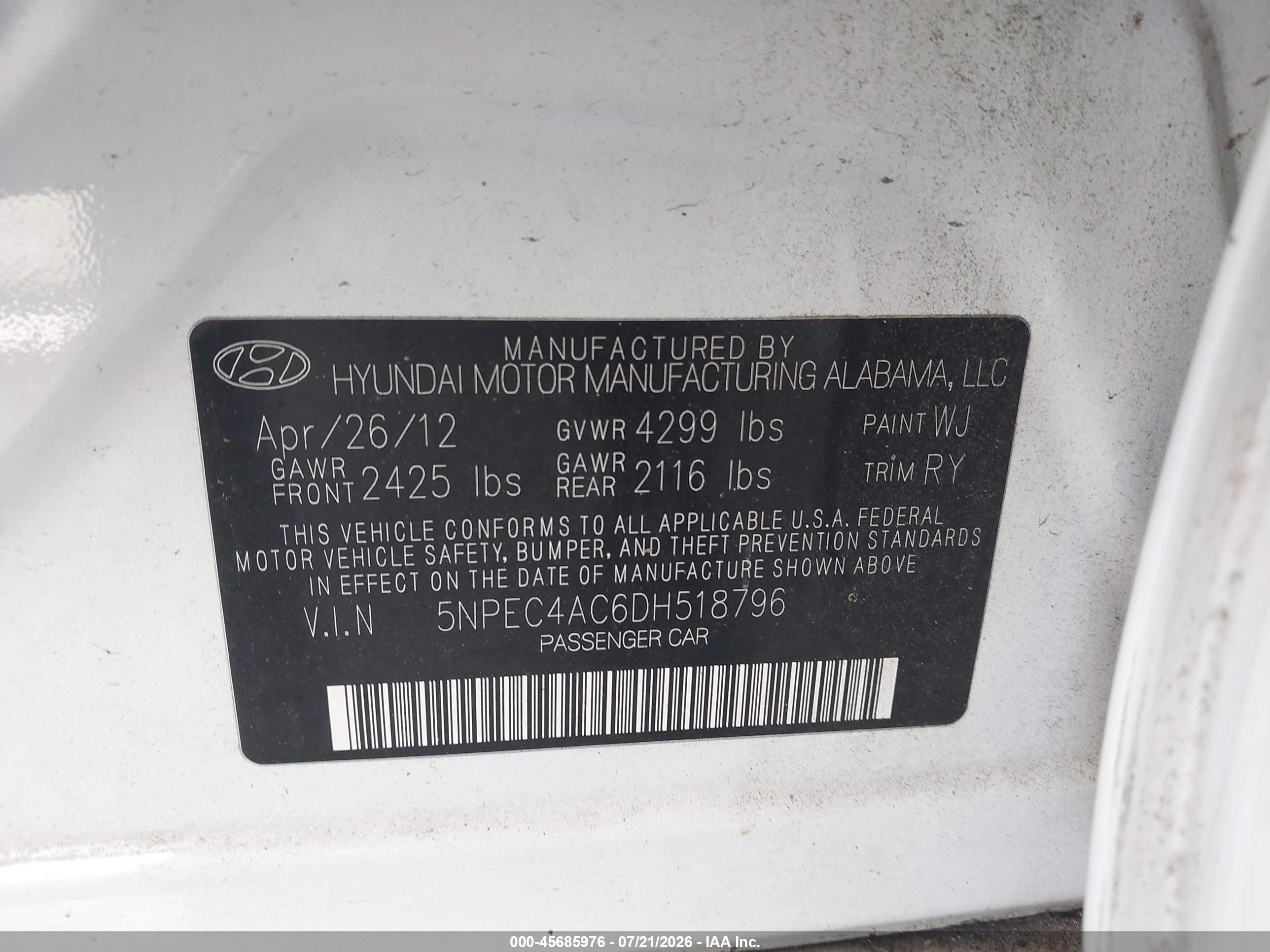 2013 Hyundai Sonata Se White vin: 5NPEC4AC6DH518796