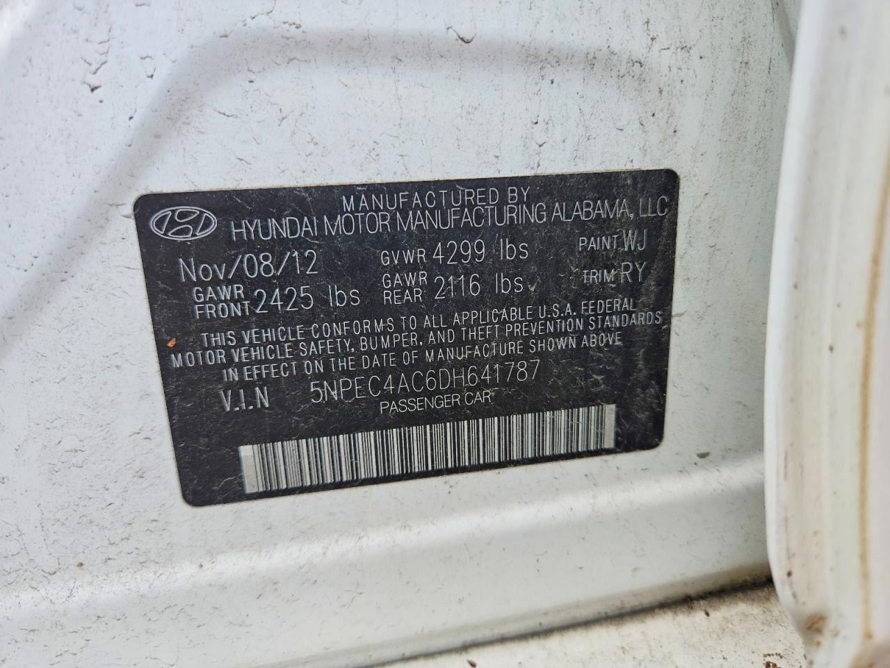 2013 Hyundai Sonata Se White vin: 5NPEC4AC6DH641787