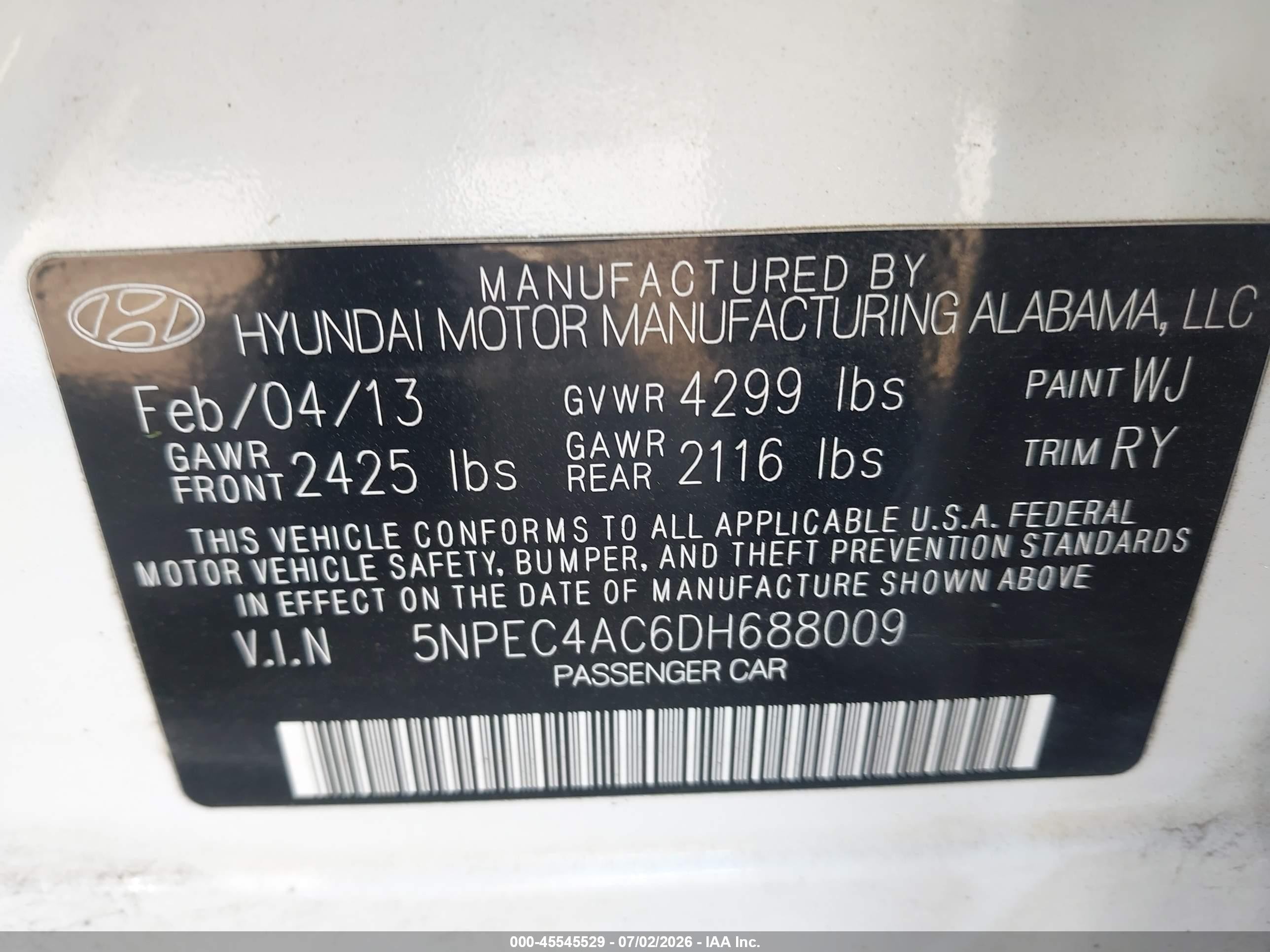 2013 Hyundai Sonata Se White vin: 5NPEC4AC6DH688009